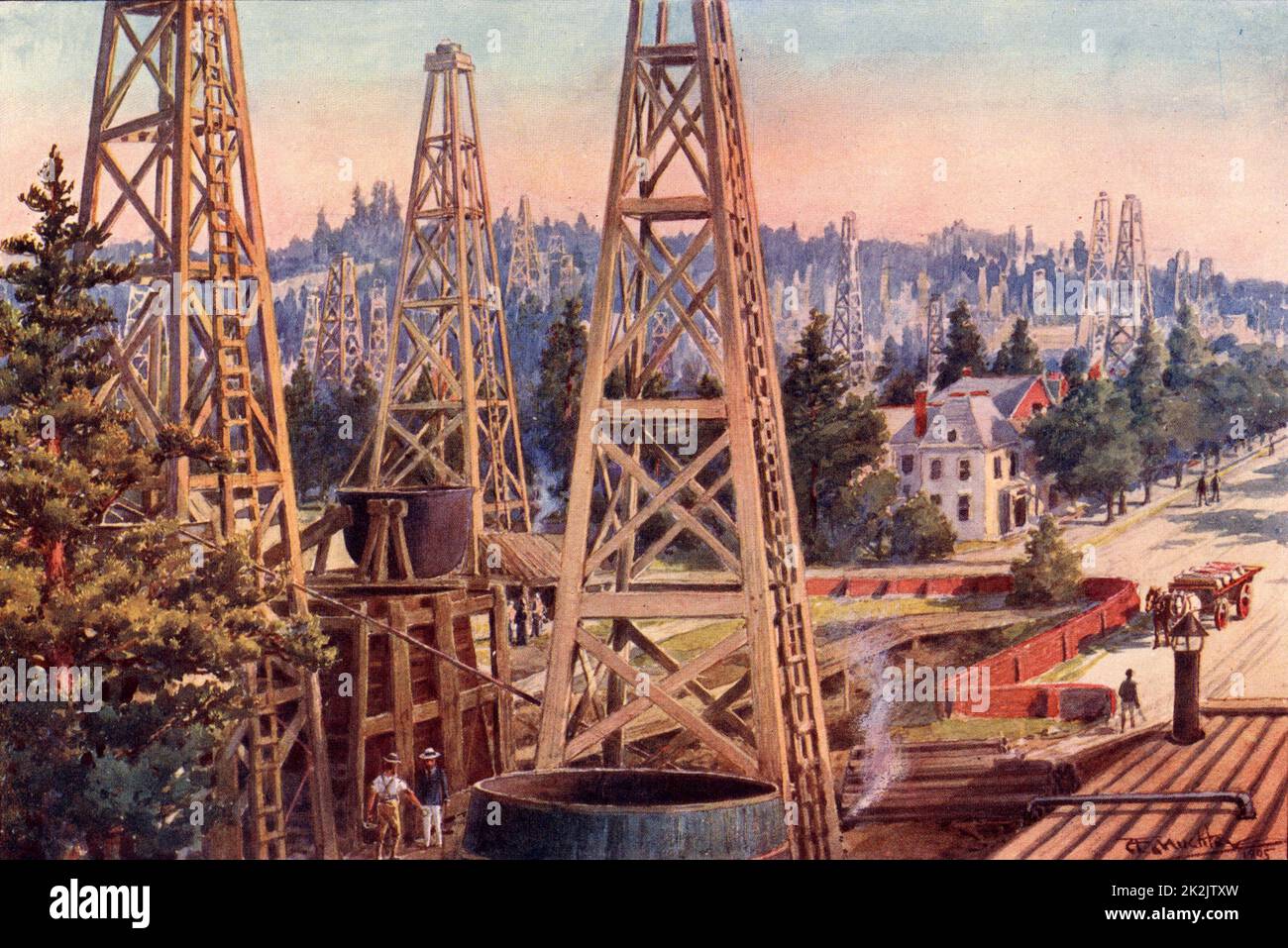 La regione petrolifera di Los Angeles, California, usa. Derrick di petrolio in quella che era stata una zona residenziale di Los Angeles. Da 'The Practical Grocer' (Londra, 1905). Mezzitoni. Foto Stock