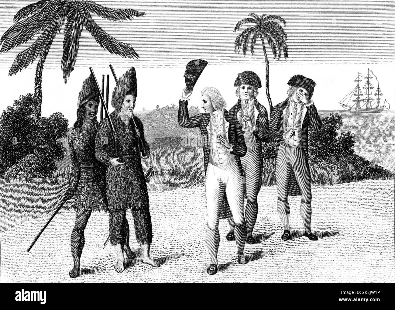 Robinson Crusoe e il suo compagno di venerdì, a sinistra con il capitano inglese che egli ha contribuito a sottomettere il mutiny sulla sua nave. Dopo 28 anni fregata sulla sua isola, Crusoe si unisce la nave e le vele per la casa. "La vita e strano e sorprendente le avventure di Robinson Crusoe' di Daniel Defoe pubblicato per la prima volta 1719, basato in parte su esperienze 1704-1709 di Alexander Selkirk e sostenuto da alcuni di essere il primo romanzo in inglese. Incisione da edizione c1790. Foto Stock