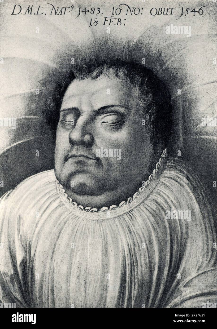 Martin Lutero (1483-1546) sul suo letto di morte. Riformatore protestante tedesco. Dopo il disegno di Lucas Cranach. Foto Stock