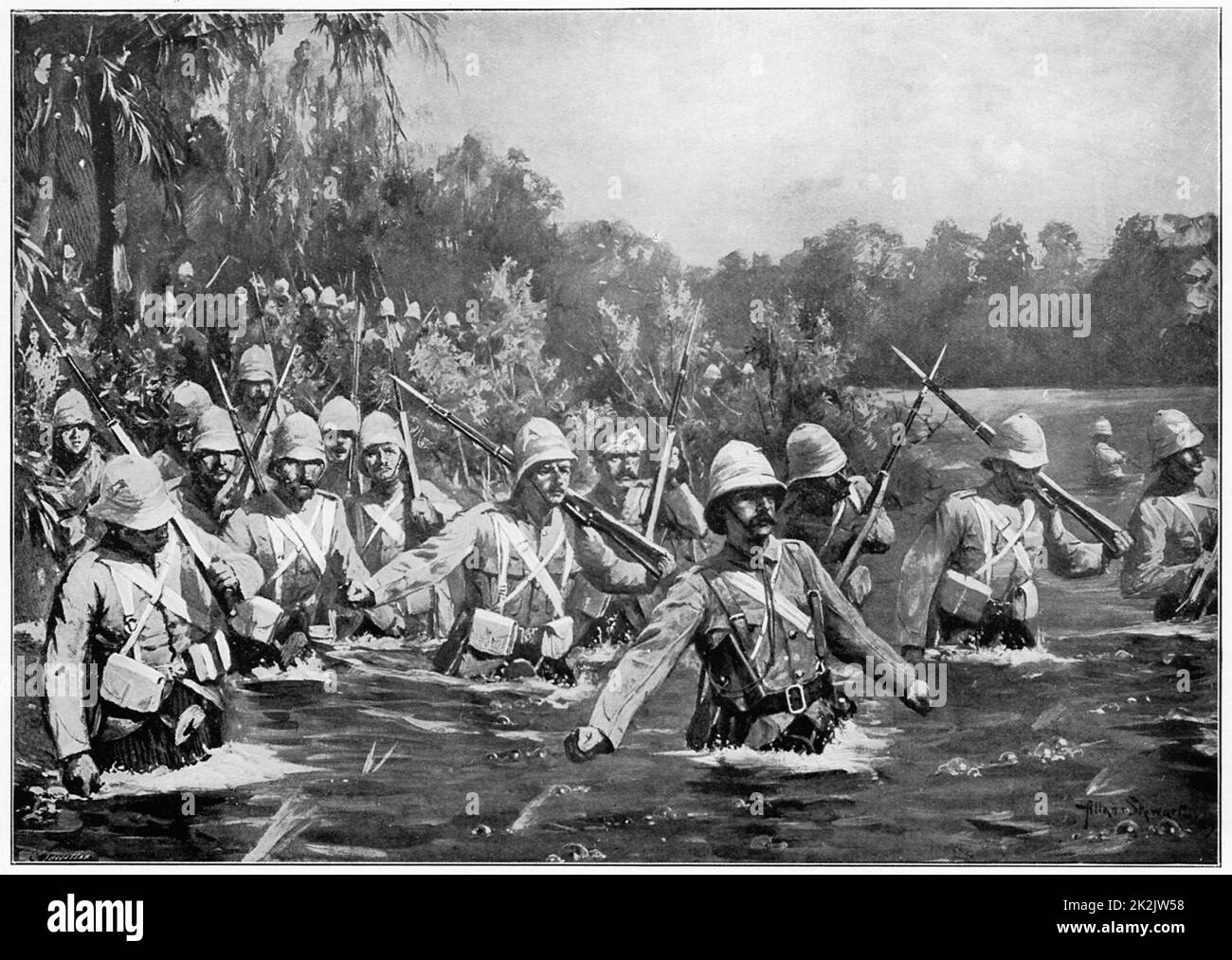 Battaglia del fiume Modder: Argyll e Sutherland Highlanders che attraversano la deriva. Dopo il disegno di Allan Stewart 28 novembre 1899 Foto Stock