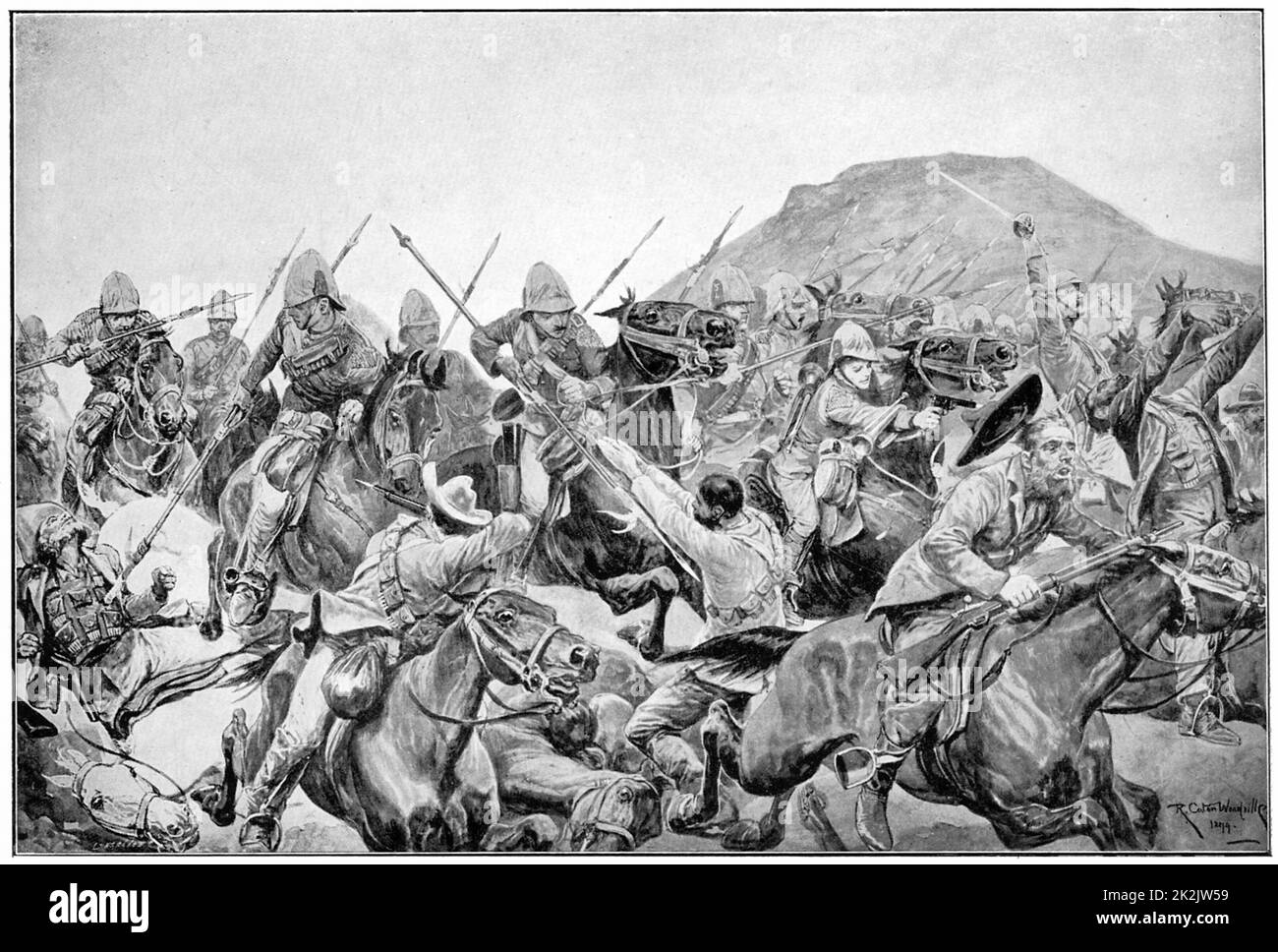 Carica dei 5th Lancer alla battaglia di Elandslaalte. Dopo il disegno di R. Caton Woodville. Seconda guerra dei boeri, Foto Stock