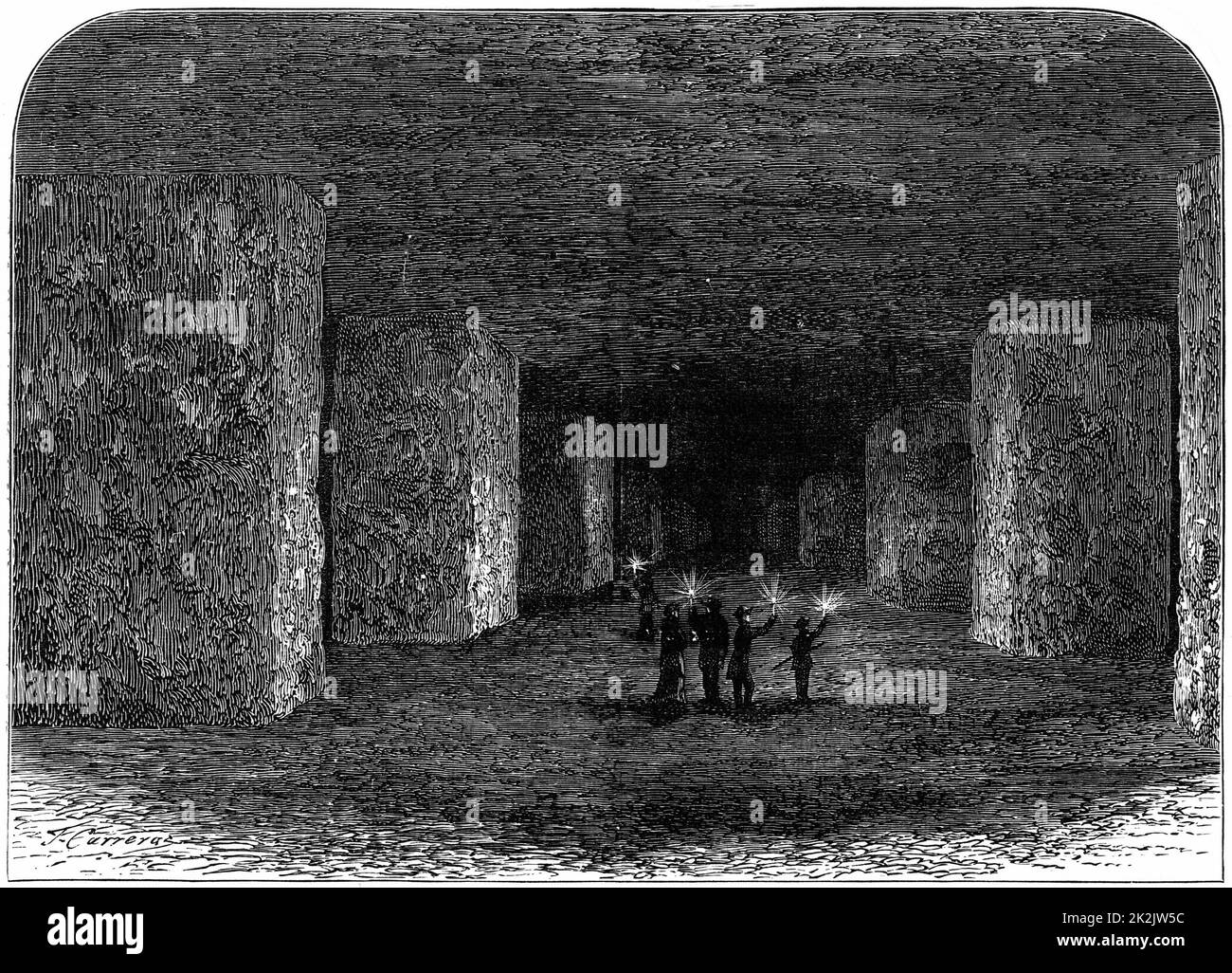 Interno di Marston Miniera di sale, Northwich, Cheshire, Inghilterra, mostrando come pilastri di roccia sono stati lasciati a sostegno del tetto. In questa data (c.1880)), la miniera era stato scavato per un altezza di 16 ft su circa 40 acri. Incisione Foto Stock