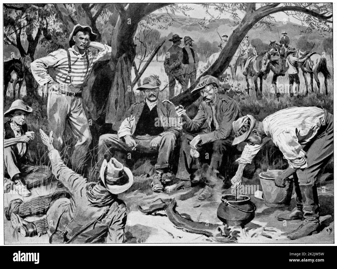 Boer combattenti. Jack Hindon e la sua banda di relitti ferroviari. Disegno dopo una fotografia. 2nd Guerra dei Boeri 1899-1902 Foto Stock