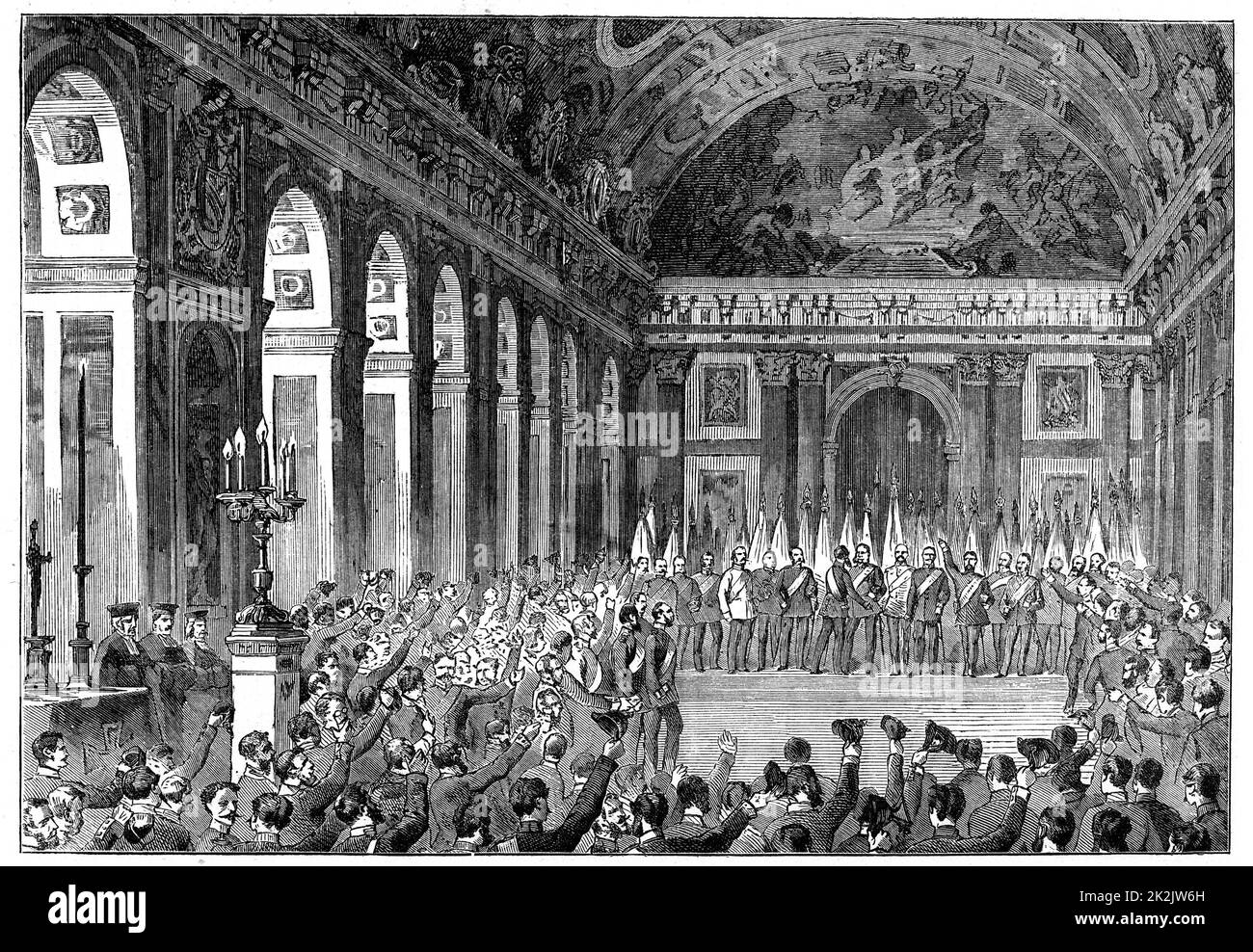 Guglielmo i (1797-1888) Re di Prussia dal 1861 proclamato Imperatore di Germania, 1871. Dopo la sconfitta della Francia nella guerra franco-prussiana del 1870-1871, come gesto di ulteriore umiliazione dei francesi, il 18 gennaio 1871 Wilhlem i fu incoronato come primo imperatore di Germania nella Sala degli specchi, Versailles, il palazzo costruito da Luigi XIV di Francia. Da 'The Graphic'. (Londra, 1871). Incisione del legno. Foto Stock