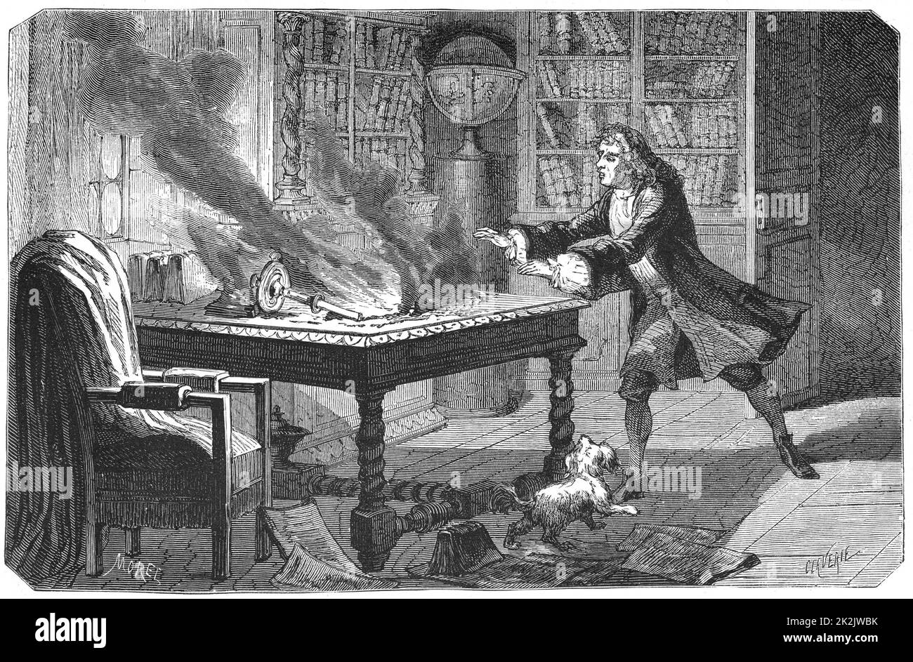 Isaac Newton (1642-1727) scienziato e matematico inglese. Telescopio riflettente: Calcolo differenziale; gravitazione. Il cane di Newton che bussa sopra una candela e che fa fuoco alle carte di Newton. Incisione pubblicata Parigi 1874 Foto Stock
