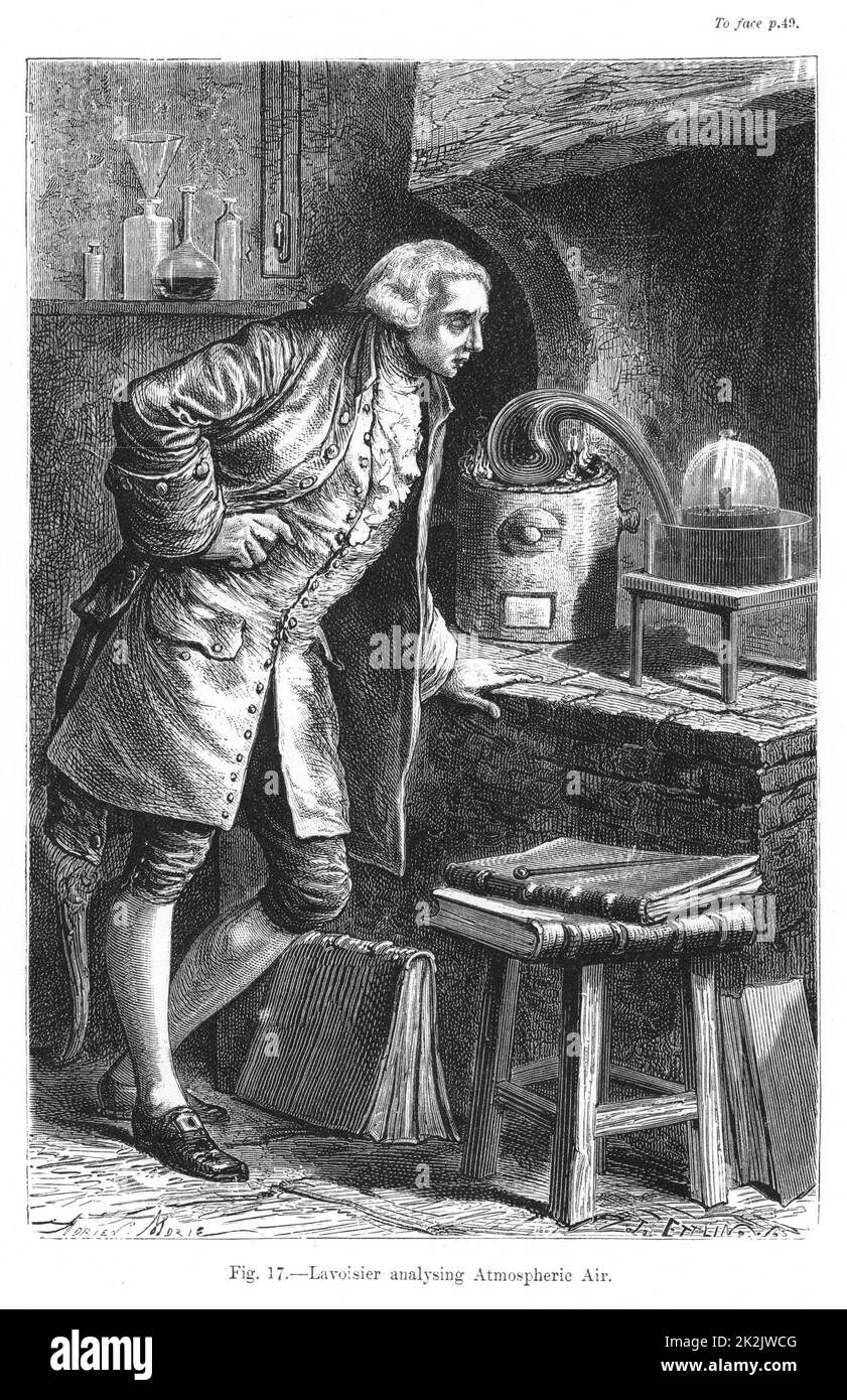 Antoine Laurent Lavoisier (1743-1894) chimico francese, studiando la presenza di ossigeno in aria; esperimento in cui egli ha ottenuto di ossido mercurico. Da Camille Flammarion 'l'atmosfera", Londra, 1873. Incisione Foto Stock