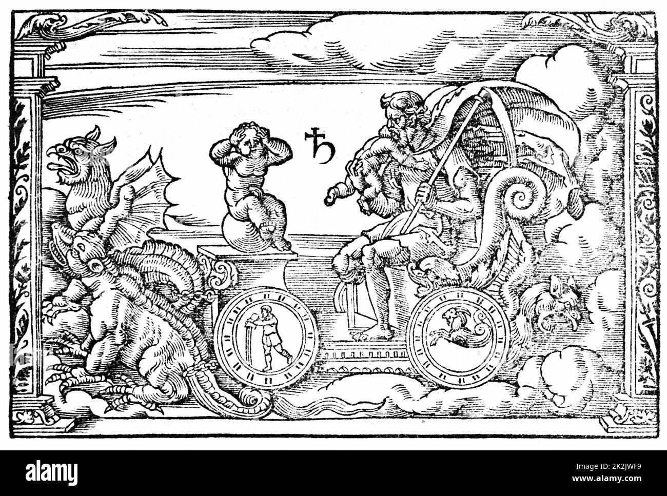 Saturno (Greco Kronos) dio romano di tempo. Divorato tutti i suoi figli ad eccezione di Giove, Nettuno e Plutone. Considerato un pianeta maschio, caldo, con caratteristiche di massa e piombo, proprietà di asciutto e freddo. Il suo metallo piombo, e l'agricoltura, l'età e la malinconica è venuto sotto la sua protezione da Solensis arato 'Phaenomena et Prognostica', Colonia, 1569. Xilografia Foto Stock