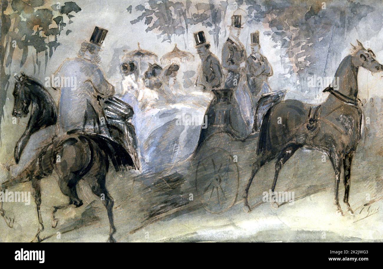 Constantin Guys scuola francese l'elegante Cavallo e Riders 19th ° secolo acquerello Collezione privata Foto Stock