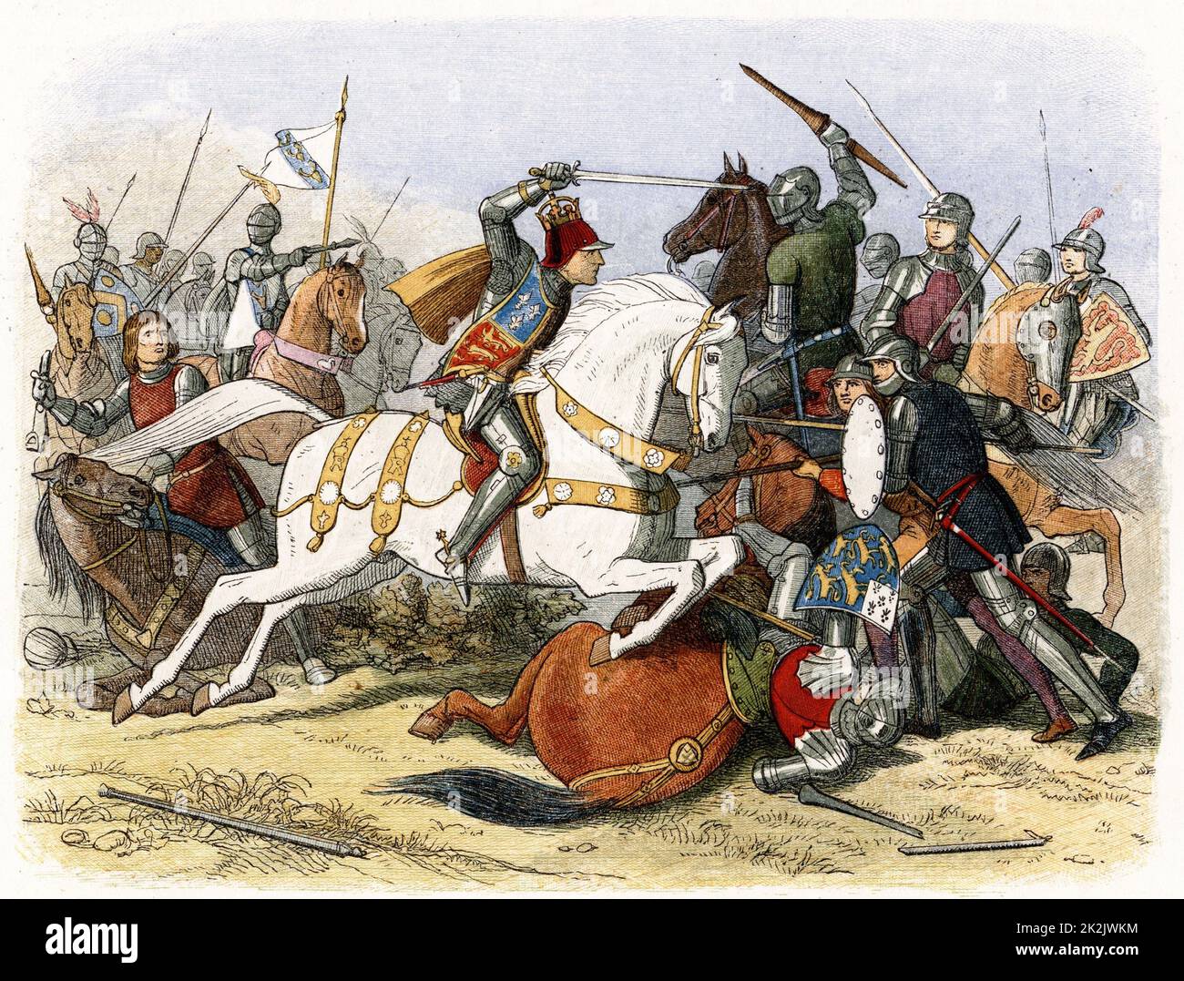 Battaglia di Bosworth, 22 agosto 1485. Richard III, a cavallo bianco. Incisione in legno a colori, 1864 Foto Stock