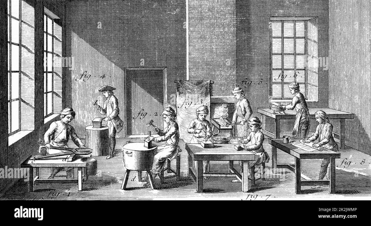 Laboratorio di preparazione aghi, 1751-1780. Tagliare gli aghi dal filo d'acciaio (1), appiattire l'estremità (4), stampare l'occhiello (2), punzonare l'occhiello (3), limare l'occhiello e puntare l'estremità (7), lucidare (8). Specifici compiti monotoni sono stati svolti da individui. Il processo è rimasto praticamente invariato per quasi 200 anni. Da Enciclopedie, ou Dictionnaire Raisonne des Sciences, des Arts et des Metiers a cura di Denis Diderot e Jean le Rond d'Alembert. (Parigi, 1751-1780). Foto Stock