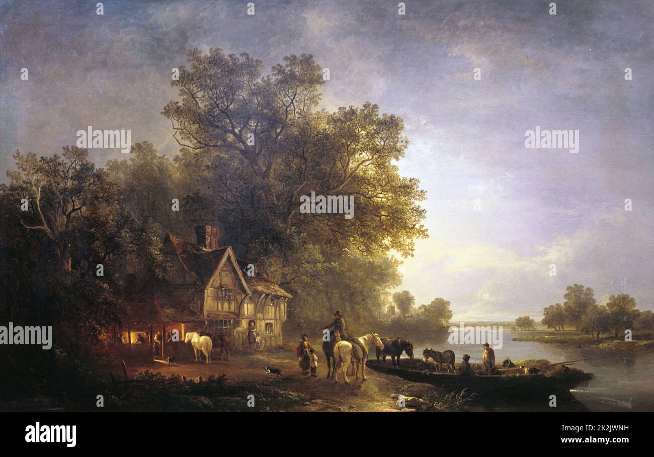 Edward Charles Williams scuola inglese paesaggio fluviale con rustici e cavalli a un traghetto al chiaro di luna 1860 olio su tela Collezione privata Foto Stock