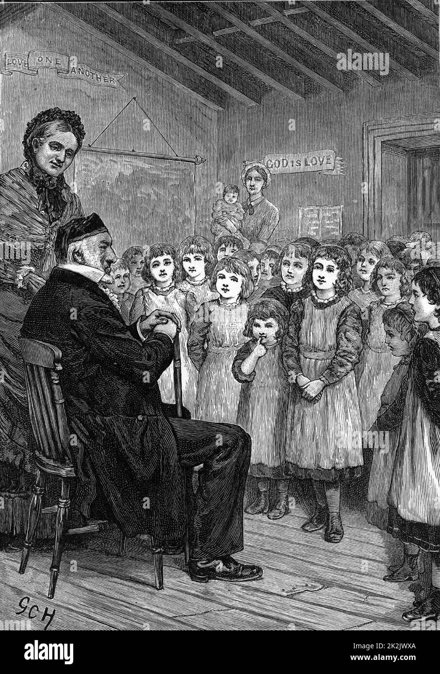 Moses Montefiore (1784-1885) filantropo inglese di origine italiana e attivista per i diritti ebraici. Qui nel 1860 con le ragazze dell'Isola di Thanet Orphanage, Kent, sorvegliate dalla signora Tait, moglie dell'arcivescovo di Canterbury. Da 'The Quiver' (Londra, 1883). Incisione. Foto Stock