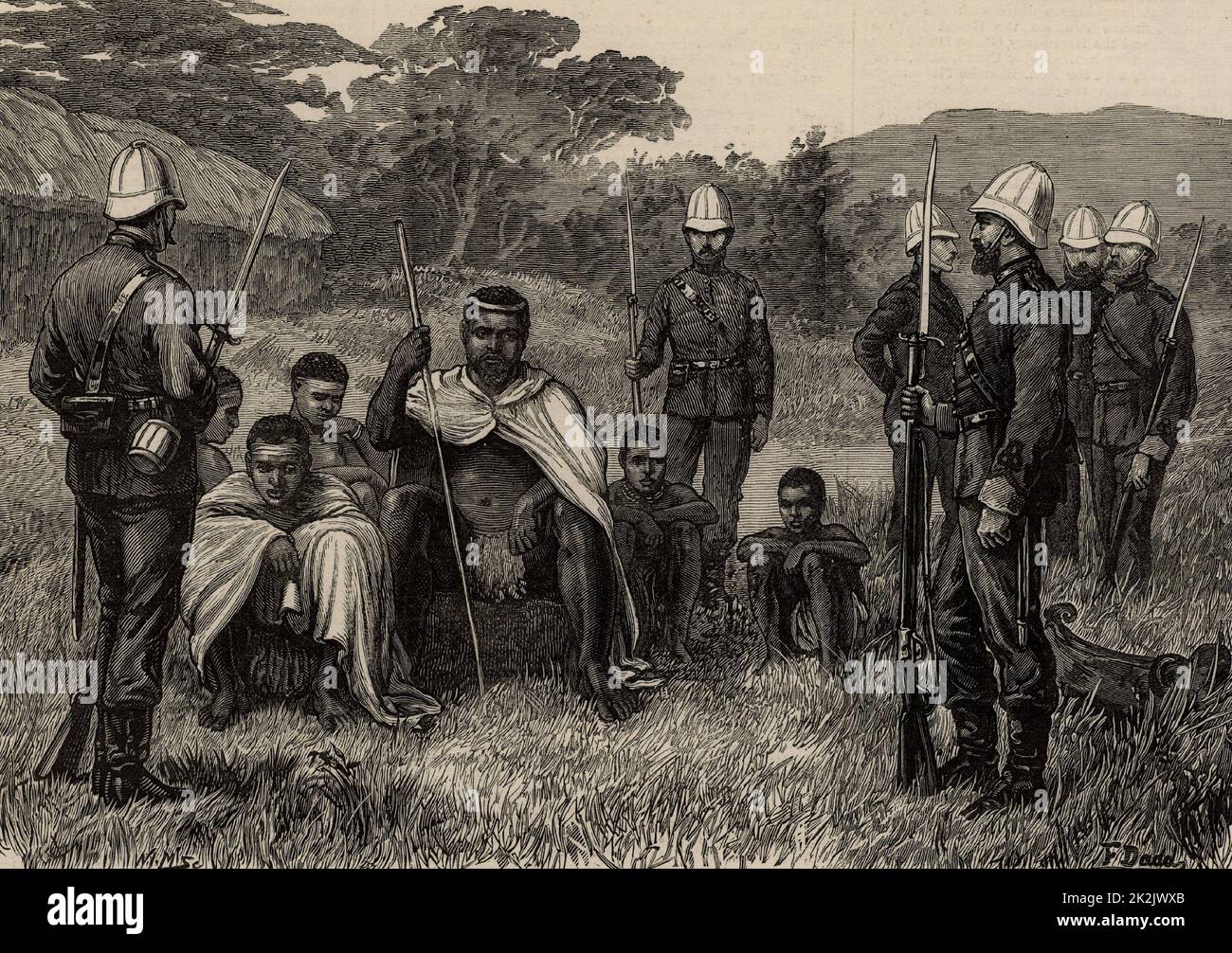 Cetawayo o Cetewayo (d1884) re di Zulululand, Sudafrica 1873-1883. Durante la guerra anglo-zulu del 1879 Cetawayo fu sconfitto a Ulundi e portato prigioniero. Qui viene mostrato sotto guardia nell'accampamento dell'esercito britannico sull'Umvolosi Nero. Illustrazione di Frank Dadd (1851-1929) artista e illustratore inglese. Da 'The Illustrated London News' (Londra, 18 agosto 1879). Incisione. Foto Stock