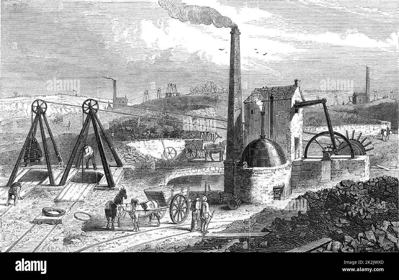 Motore di vapore o Whimsey per elevare carbone dal fondo della buca. South Staffordshire Coalfield, Inghilterra. Da 'The Cyclopedia of Useful Arts' di Charles Tomlinson (Londra, 1866). Incisione. Attività minerarie. Foto Stock