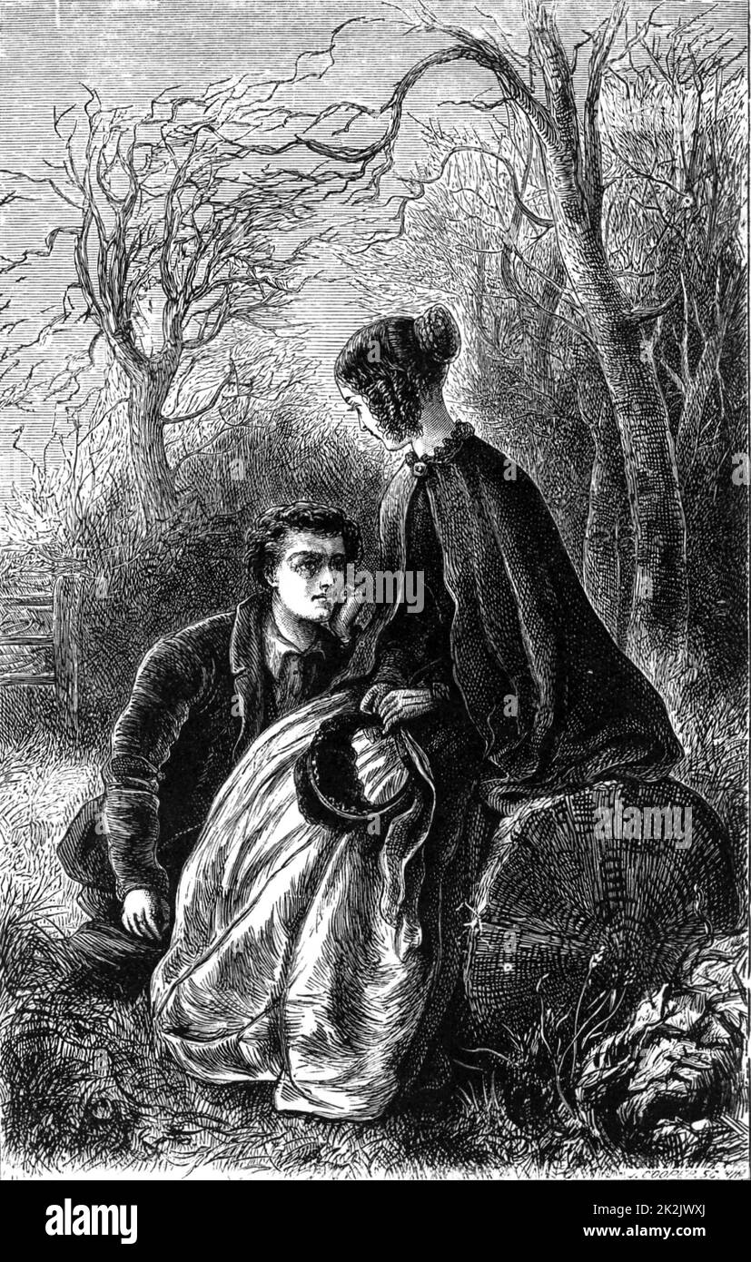 Felix con Esther, eroina del romanzo. Esther per amore di Felix rinuncia alla sua pretesa di proprietà del Transome. Romanzo 'Felix Holt the Radical' ambientato nel periodo della legge di riforma (1832) di George Eliot (pseudonimo di Mary Ann, o Marian, Evans), pubblicato per la prima volta a Londra, 1866. Illustrazione di John Jelicoe (active1865-1903) per un'edizione del 1880. Incisione. Foto Stock