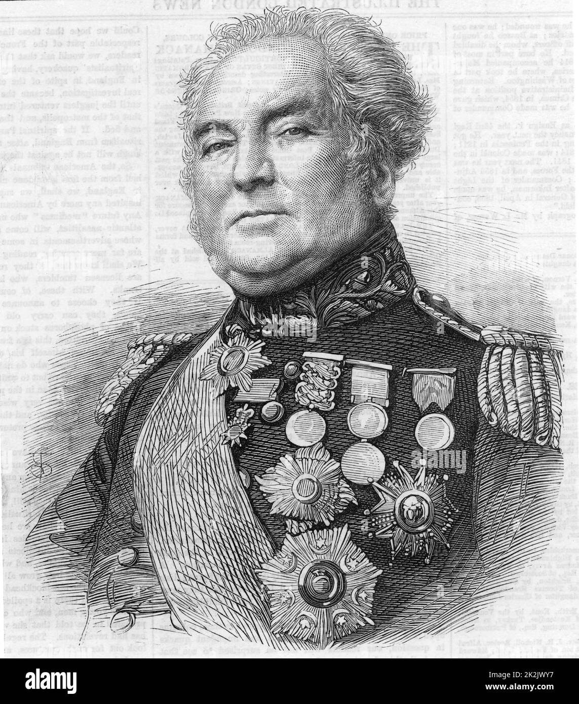 Tenente generale George Brown (1790-1865), soldato britannico. Combattuto nella campagna peninsulare nelle Guerre Napoleoniche. Nella guerra di Crimea (russo-turco) 1853-1856. Comandò la Divisione luce nella battaglia di Alma, il 20 settembre 1854, quando il suo cavallo fu ucciso sotto di lui. Un preda e un disciplinarista troppo severo, si diceva: "Il vecchio misero è più odiato di quanto non fosse mai stato qualsiasi uomo”. Da 'The Illustrated London News' (Londra, 1865). Incisione. Foto Stock