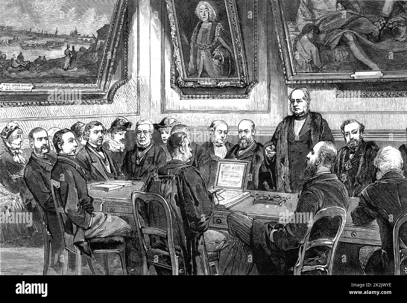Henry Bessemer (1813-1893) inventore e industriale inglese, presentato con la libertà di Turner's Company, una società di livrea londinese. Tra le sue invenzioni c'erano il processo d'acciaio di Bessemer e il convertitore di Bessemer. Da 'The Illustrated London News' (Londra, 8 maggio 1880). Incisione.Metallurgia. Metallo. Ferro. Acciaio. Foto Stock