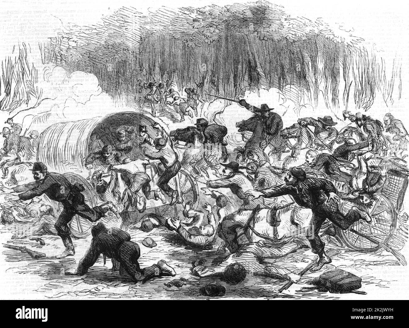 La guerra civile americana 1861-1865. La prima battaglia di Bull Run (Manassas, Virginia). Sconfitta e stampede dell'Unione truppe, 21 luglio 1861. Da 'l'Illustrated London News' (Londra, 1861). Incisione. Foto Stock