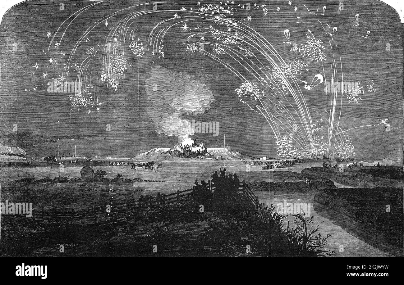 Crimea (russo-turco) Guerra 1853-1856. Falò e fuochi d'artificio sulle paludi di Woolwich, Inghilterra, per celebrare la caduta di Sebastopol (Sevastopol), 11 settembre 1855. Dal 'The Illustrated London News (Londra, 22 settembre 1855). Incisione. Vittoria. Celebrazione. Pirotecnica. Foto Stock