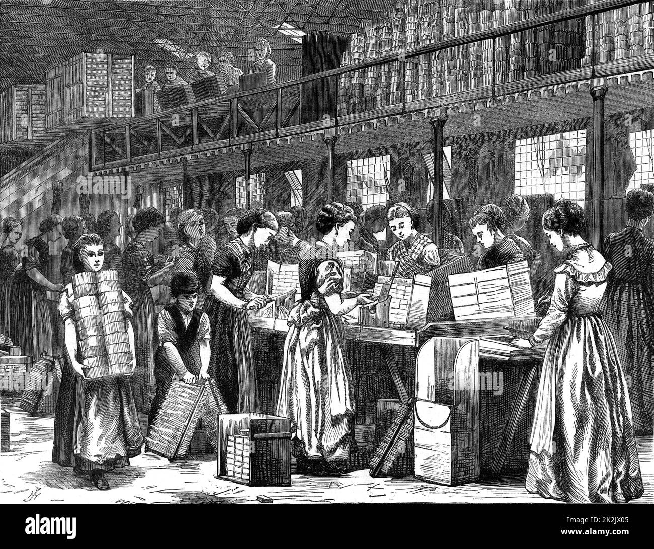 Donne e ragazze e un ragazzo al lavoro nella fabbrica di fiammifero di Bryant & May, Fairfield Road, Bow, Londra. Da 'The Illustrated London News' (Londra, 1871). Incisione. Foto Stock