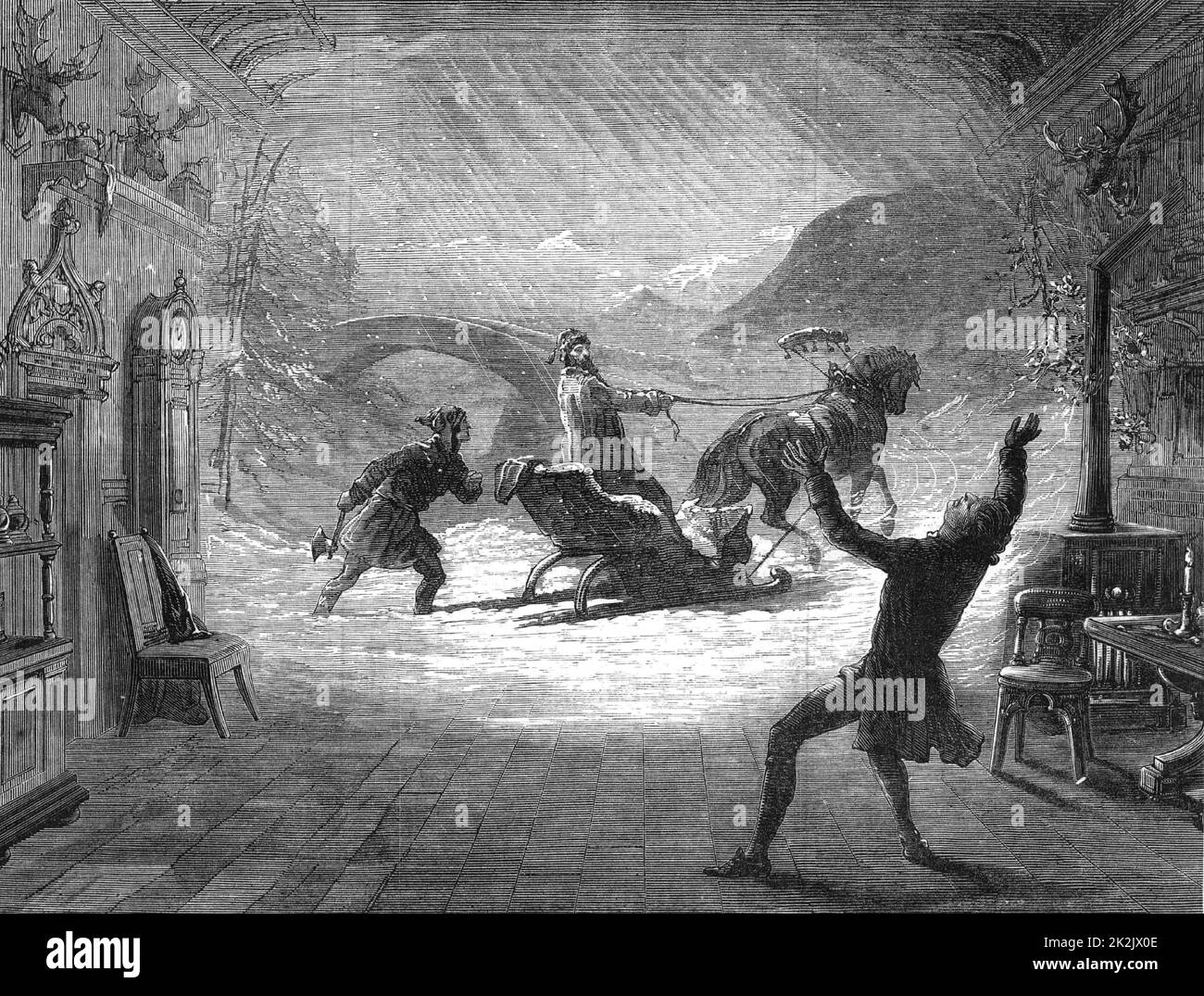 Henry Iriving (1838-1905) attore-manager inglese, suonando nella prima produzione di 'The Bells' che lo ha reso famoso durante la notte. Qui Mathias (Irving) sogna l'incidente 15 anni prima, quando uccise un ebreo polacco. Lyceum Theatre, Londra, 1871. Da 'The Illustrated London News' (Londra, 1871). Incisione. Foto Stock