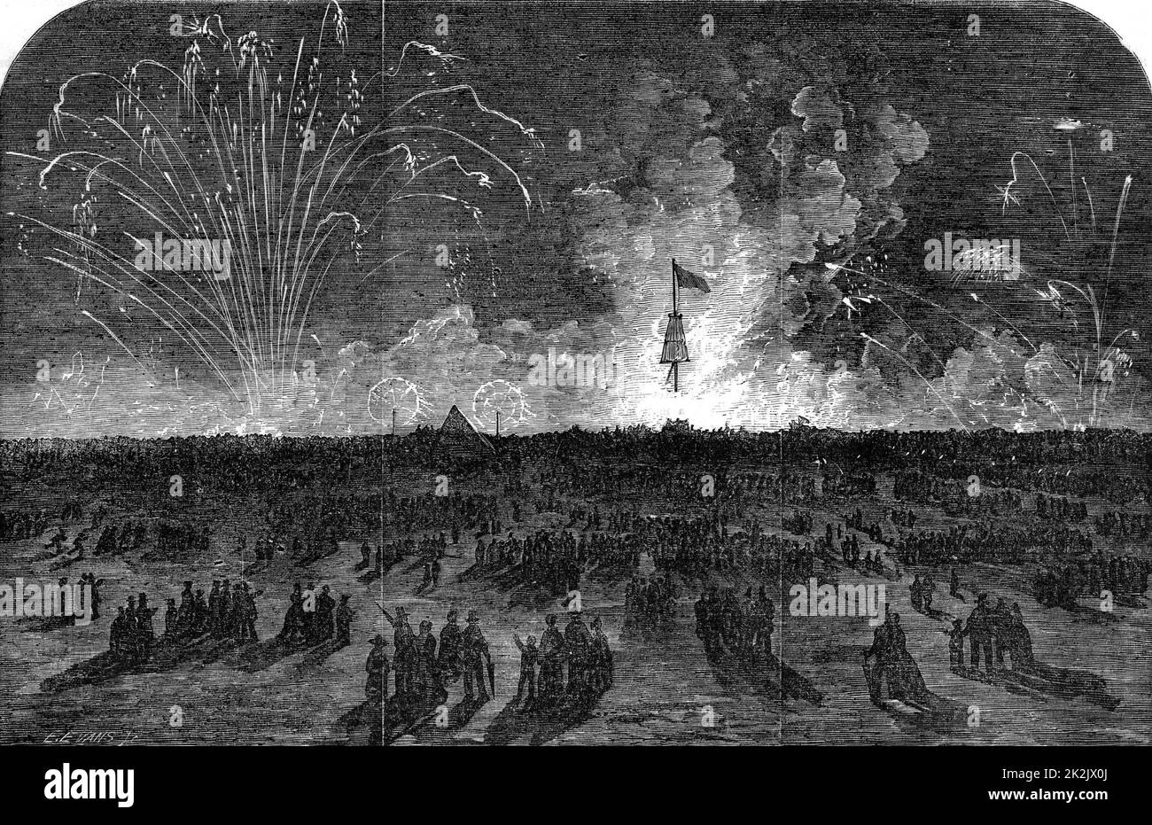 Crimea (russo-turco) Guerra 1853-1856. Fuochi d'artificio a Blackheath vicino Londra, Inghilterra, per celebrare la caduta di Sebastopol (Sevastopol), 11 settembre 1855. Dal 'The Illustrated London News (Londra, 22 settembre 1855). Incisione. Vittoria. Celebrazione. Pirotecnica. Foto Stock