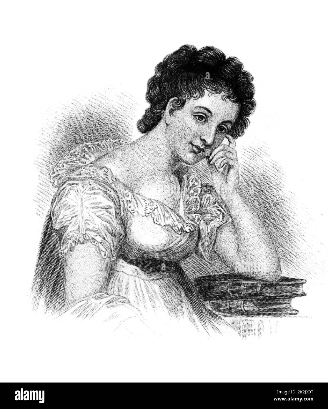 Maria Edgeworth (1767-1849) romanziere anglo-irlandese. Autore di 'Castle Rackrent' (1800) e 'Belinda' (1801). Figlia di Richard Lovell Edgeworth, inventore ed educatore. Incisione. Foto Stock