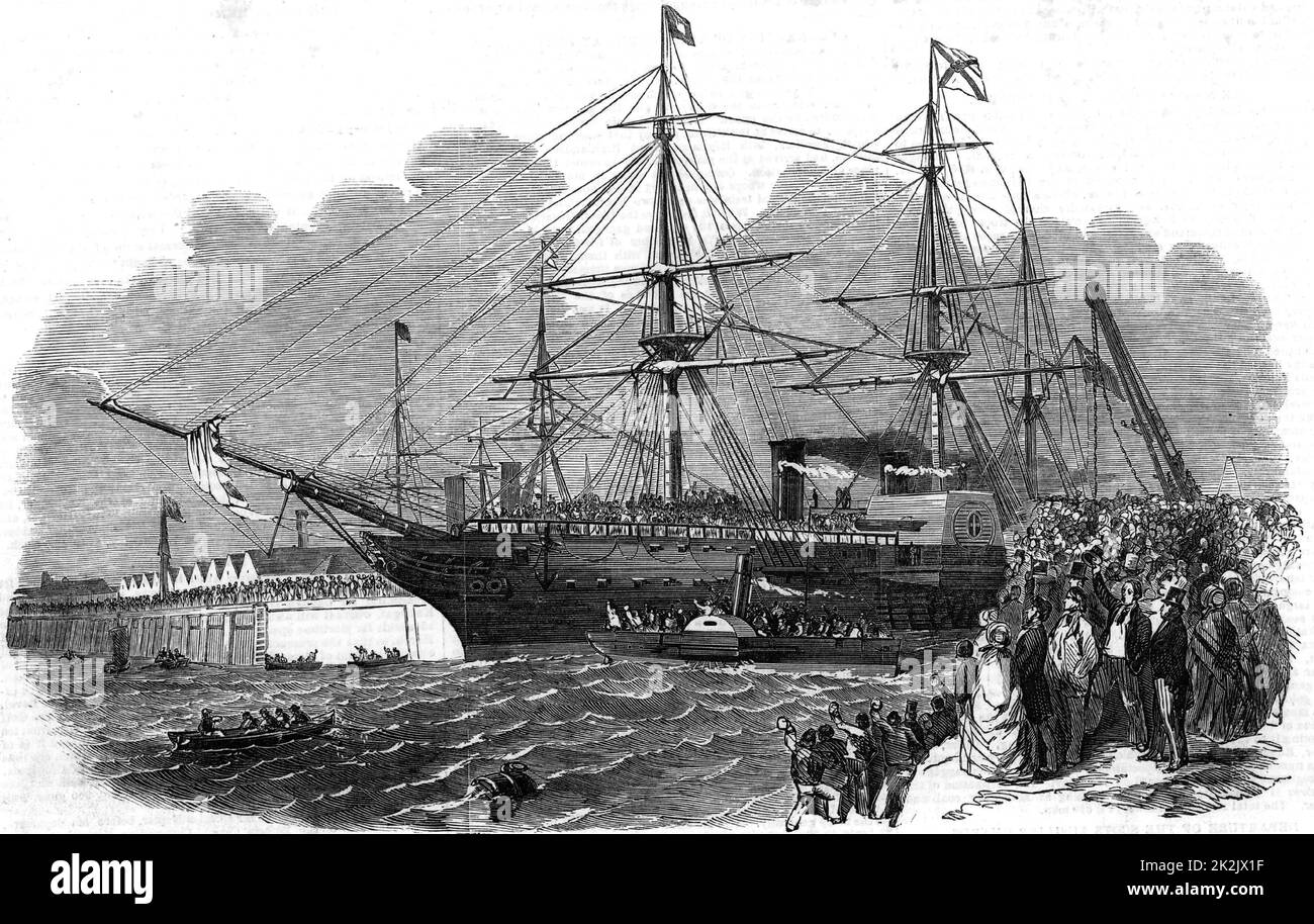 Crimea (russo-turco) Guerra 1853-1856. Le Guardie inglesi Coldstream sul vaporetto "The Orinoco" lasciando Southampton, Inghilterra. Da "The Illustrated London News" (Londra, 4 marzo 1854). Trasporto. Spedizione. Militare. Truppa. Foto Stock