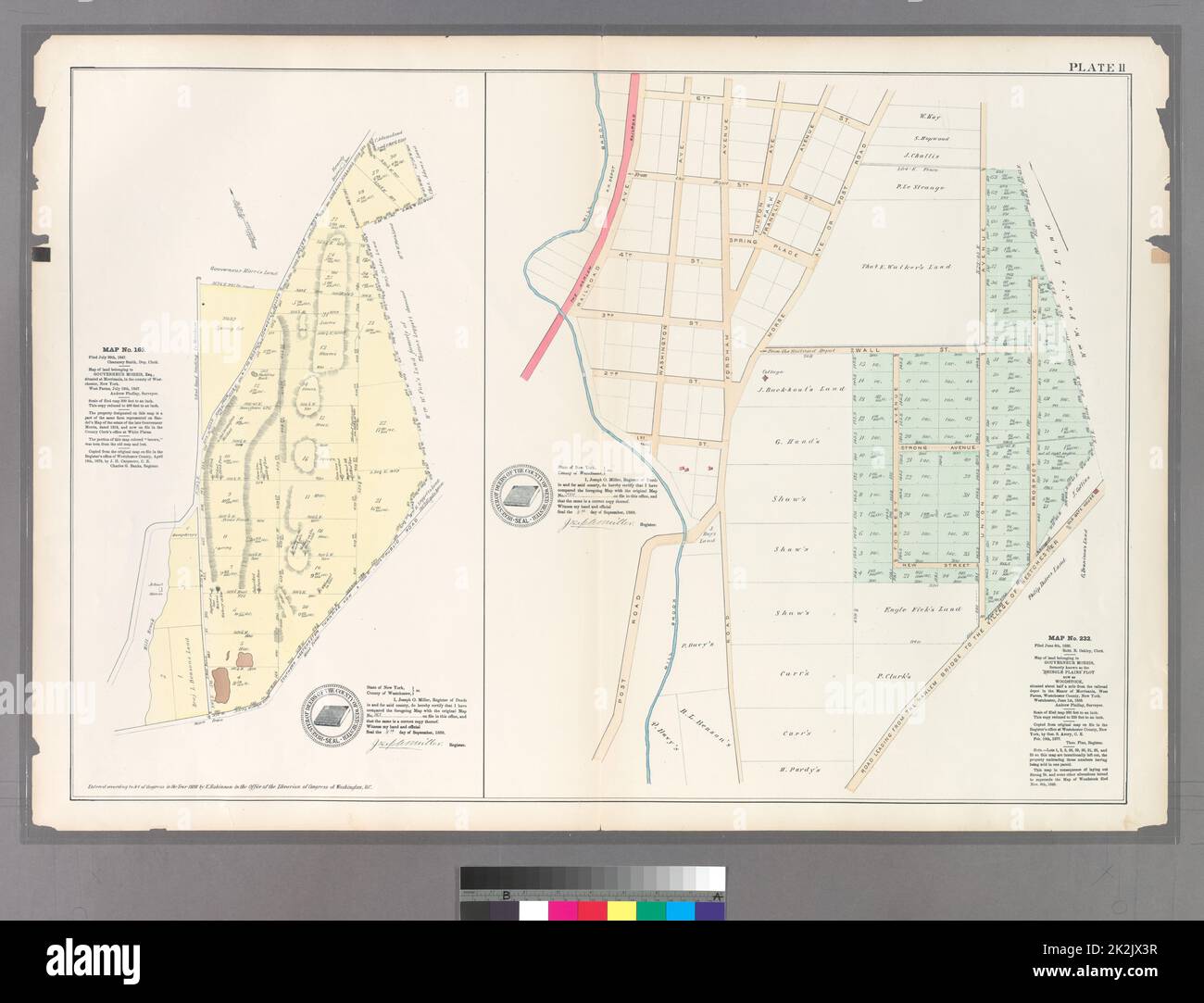 Cartografica, Mappe. 1888 - 1897. Lionel Pincus e la Principessa Firyal Map Division. Bronx (New York, N.Y.) Piastra 11: Mappa n. 165 delimitata da 3 Rod Road, Coles Road e Southern Westchester Turnpike. 232: Delimitata da 6th St., Prospect Ave., strada che conduce dal ponte Harlem al villaggio di Westchester, Post Road e Railroad Avenue. Foto Stock
