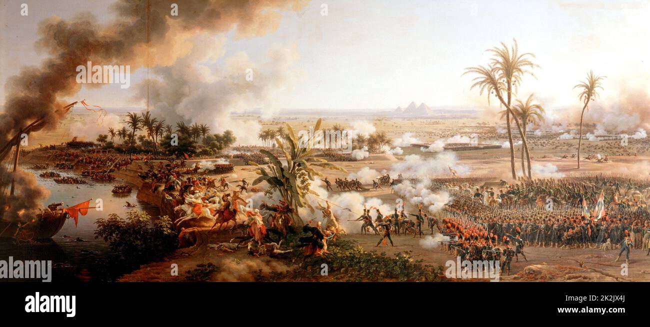 Guerre rivoluzionarie francesi: Battaglia delle piramidi 21 luglio 1798. Le truppe francesi guidate da Napoleone Bonaparte sconfissero Mamelukes sotto il comando di Murad Bey a Embabech, vicino al Cairo. Pittura di Louis Francois Lejeune (1776-1848): Olio su tela. Foto Stock