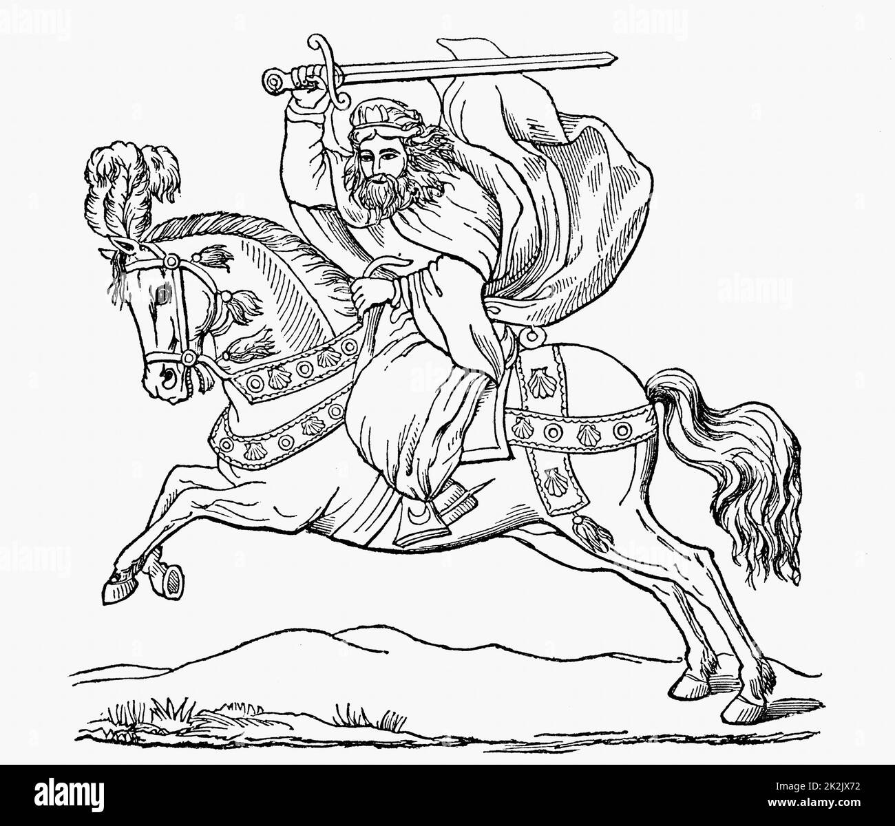 San Giacomo Apostolo (St James il grande) Patrono della Spagna. Horse's bardature mostra conchiglie, il Santo simbolo. Xilografia Foto Stock