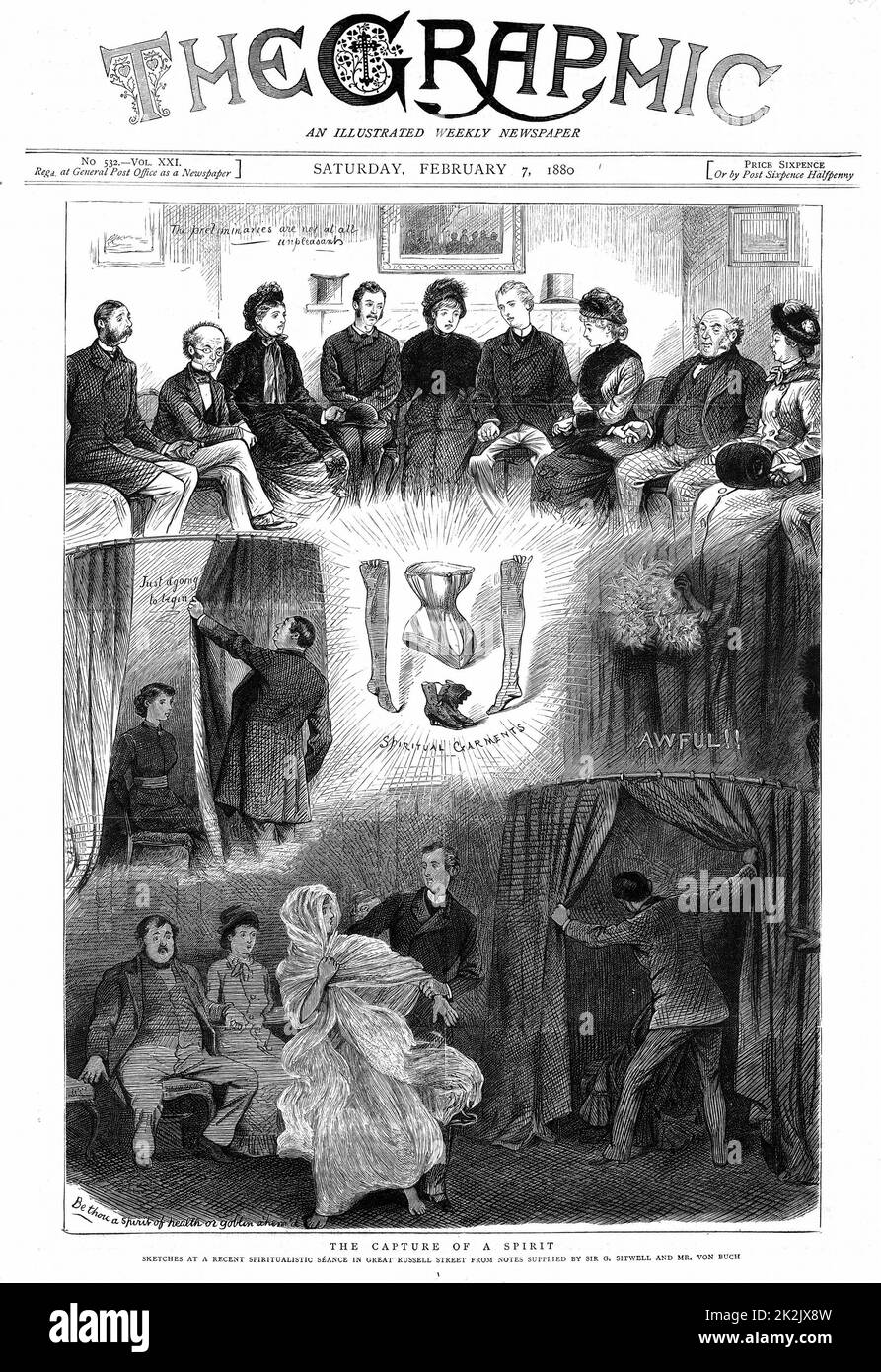 Spirito smascherato in un séance londinese. Top: Formare il cerchio unendo le mani. Centro: L'assistente del medium viene collocato dietro la tenda (a sinistra). Manifestazioni dello spirito (a destra). In basso: Uno 'spirito' molto sostanziale è apprehended mentre provando a scivolare via. A Londra c'erano molti falsi medium, approfittando della moda dello spiritualismo e della gullibilità di coloro che volevano entrare in contatto con coloro che "dall'altra parte”. Dalla figura. Febbraio 7, 1880 Foto Stock