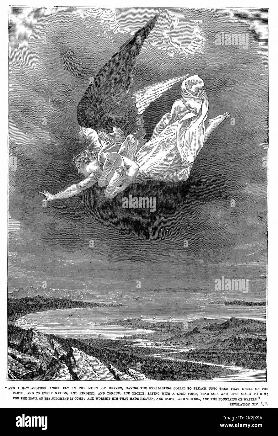 E vidi un altro angelo volare…' Bibbia Libro dell'Apocalisse XXIV 6,7. Incisione del legno c1885 Foto Stock