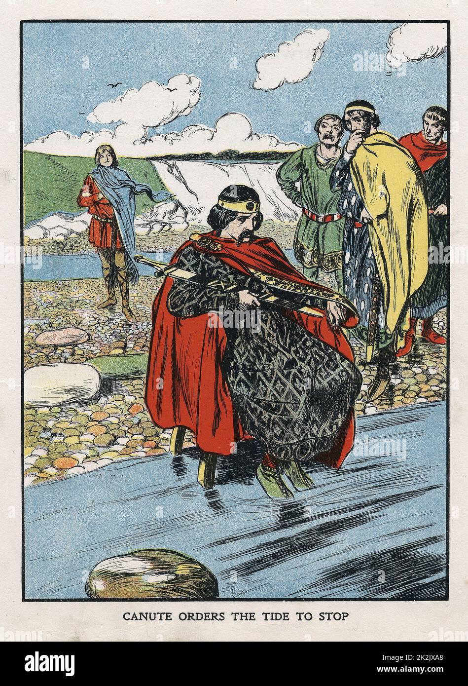 CNUT il Grande (Speinsson Knut) d1035. Re d'Inghilterra dal 1016, Danimarca dal 1018, Norvegia dal 1030, dimostrando ai cortigiani lusinghieri che Dio solo può comandare le maree. Illustrazione di inizio 20th secolo Foto Stock