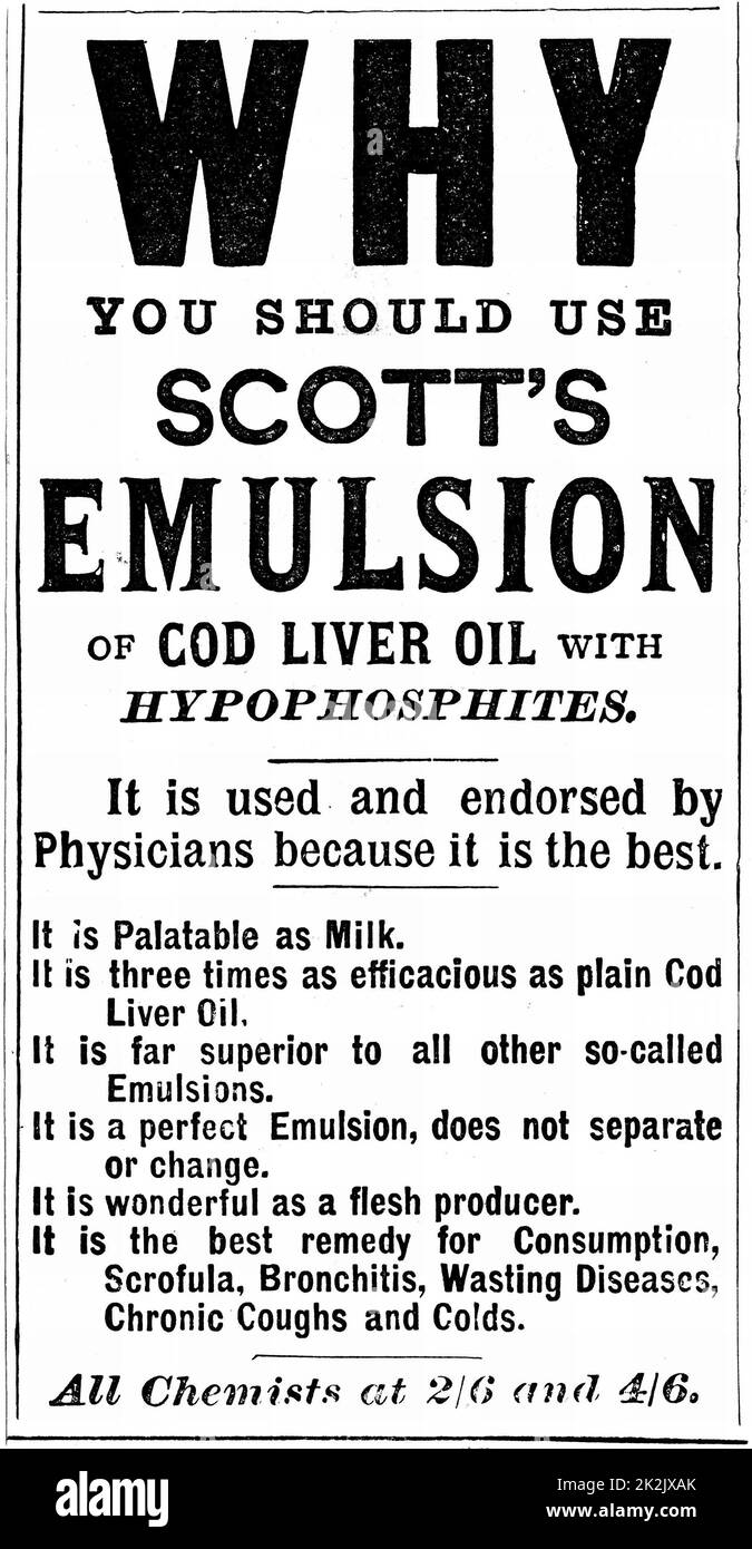 Emulsione di Scott di olio di fegato di merluzzo. Supplemento alimentare. Rivista pubblicitaria di 1890 Foto Stock