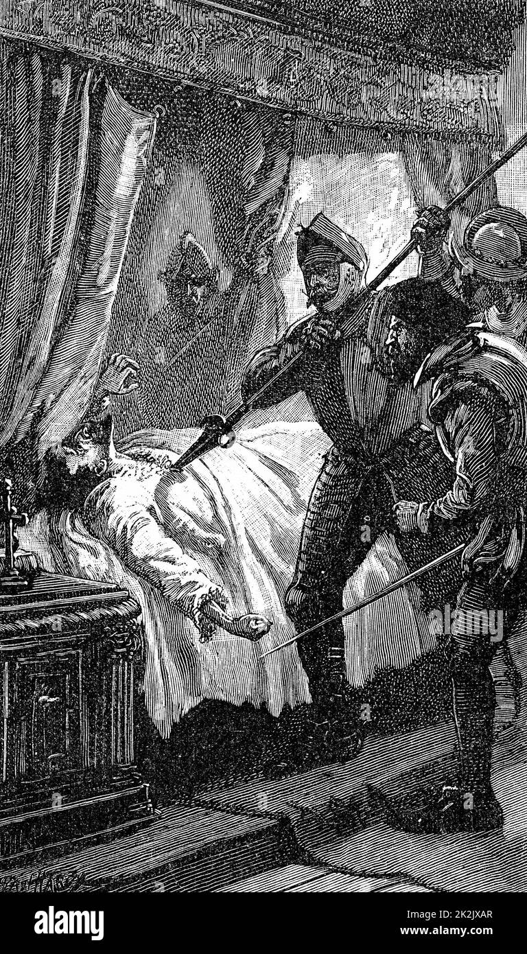 Assassinio di Albrecht van Wallenstein (Waldstein) 1583-1634 da parte di membri irlandesi e scozzesi del suo retinue. Soldato austriaco. illustrazione del 19th° secolo Foto Stock