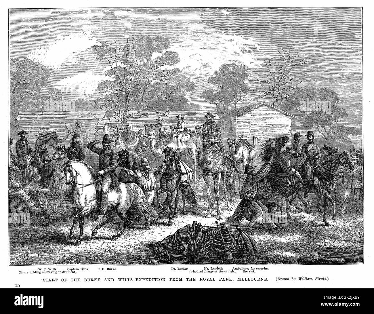 Burke e Wills impostazione spedizione fuori dal Royal Park, Melbourne, per esplorare l'interno dell'Australia - 20 agosto 1860. Entrambi gli uomini morivano di fame sul viaggio di ritorno da Flinders fiume. Incisione Foto Stock