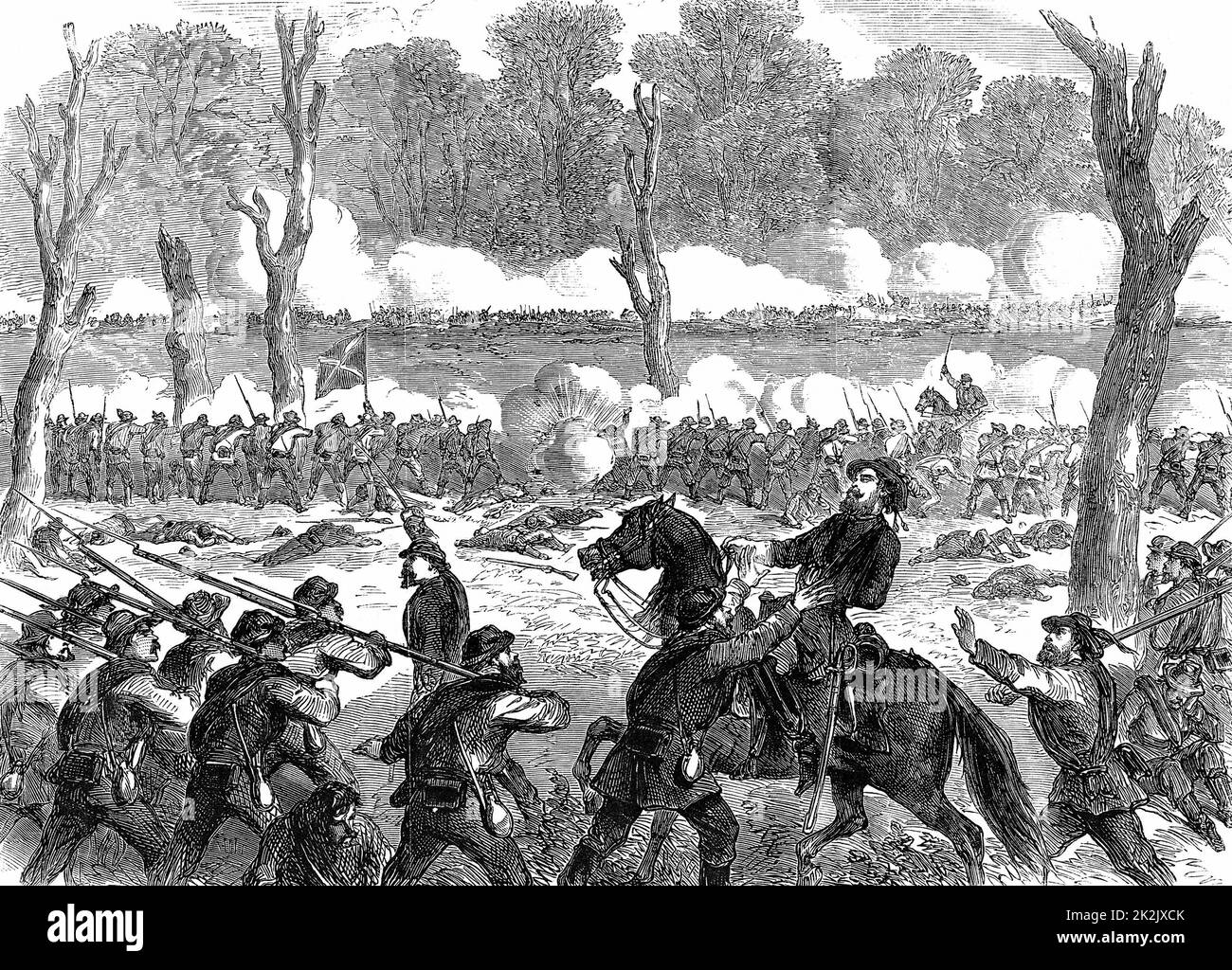 Guerra civile americana: Il generale confederato (sud) Hood ferì nella battaglia di Chicamauga, 1863. Incisione del legno pubblicata Londra, settembre 1863 Foto Stock