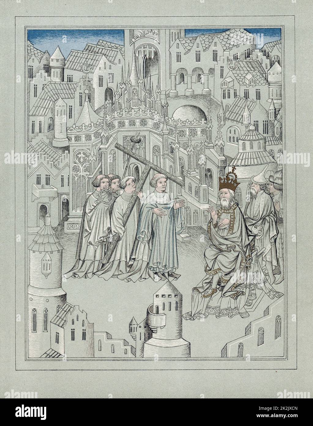 Facsimile di illustrazione dai viaggi del leggendario Sir John Mandeville, c1372. Cavaliere inglese. Le figure centrali portano simboli della passione di Cristo, una croce, una corona di spine e una spugna imbevuta di aceto sul bastone Foto Stock