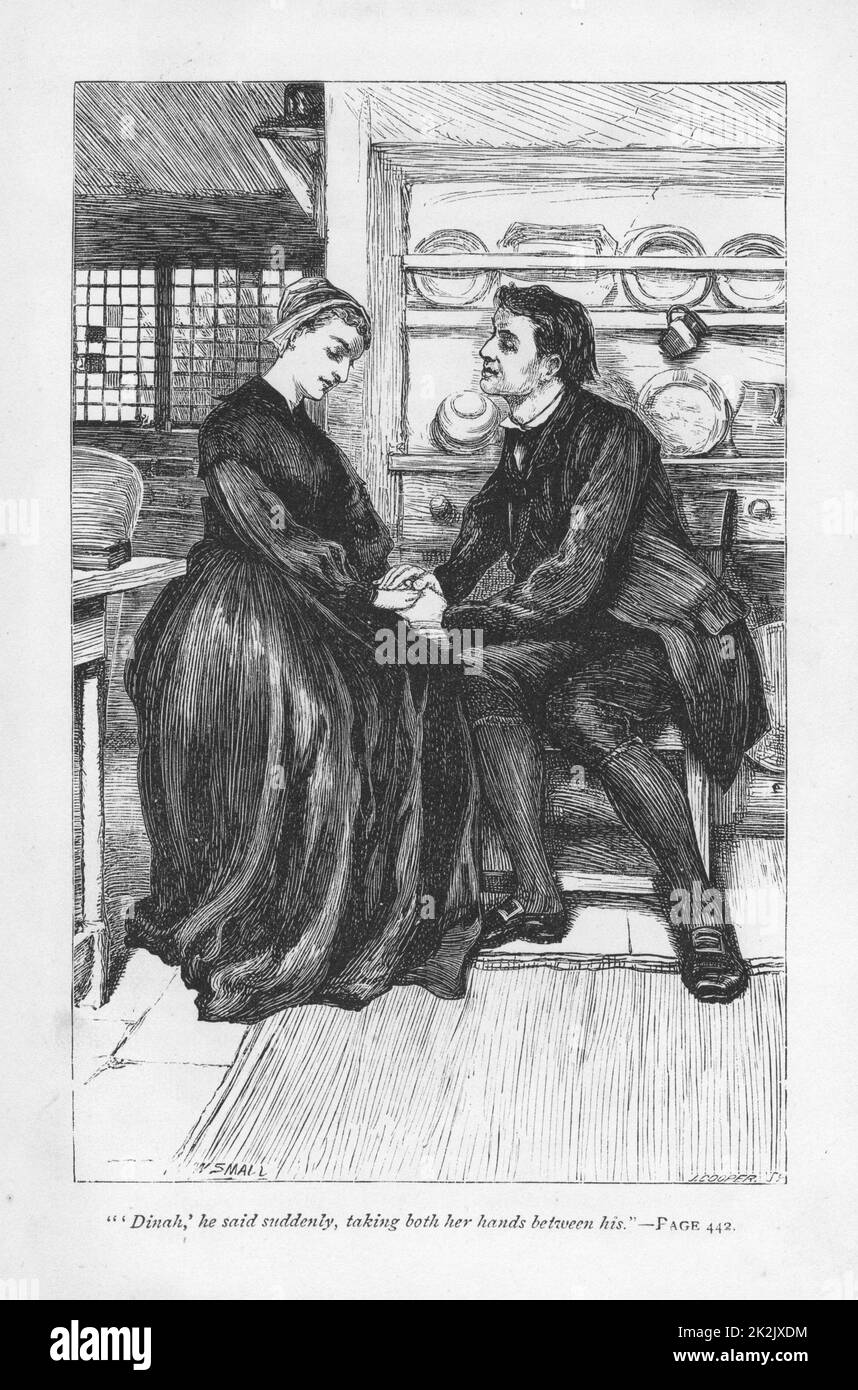 Dopo le prove e le tribolazioni della storia, Adam Bede dichiara il suo amore a Dinah Morris, il predicatore metodista. 'Adam Bede' di George Eliot, pubblicato per la prima volta nel 1859. Illustrazione di William Small (1843-1929) da un'edizione pubblicata nel c1885 Foto Stock