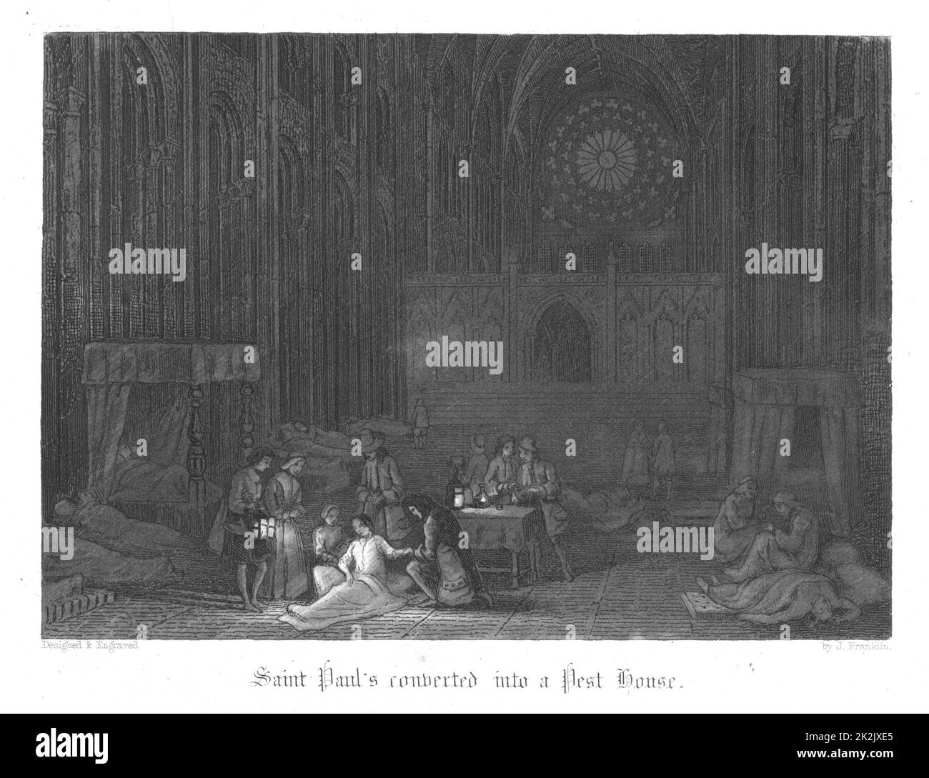 Saint Paul è usato come una casa di peste durante la peste di Londra (1665). Illustrazione di John Franklin (fl.1800-61) per William Harrison Ainsworth 'Old Saint Paul', Londra 1855 (pubblicato per la prima volta nel 1841). Incisione Foto Stock
