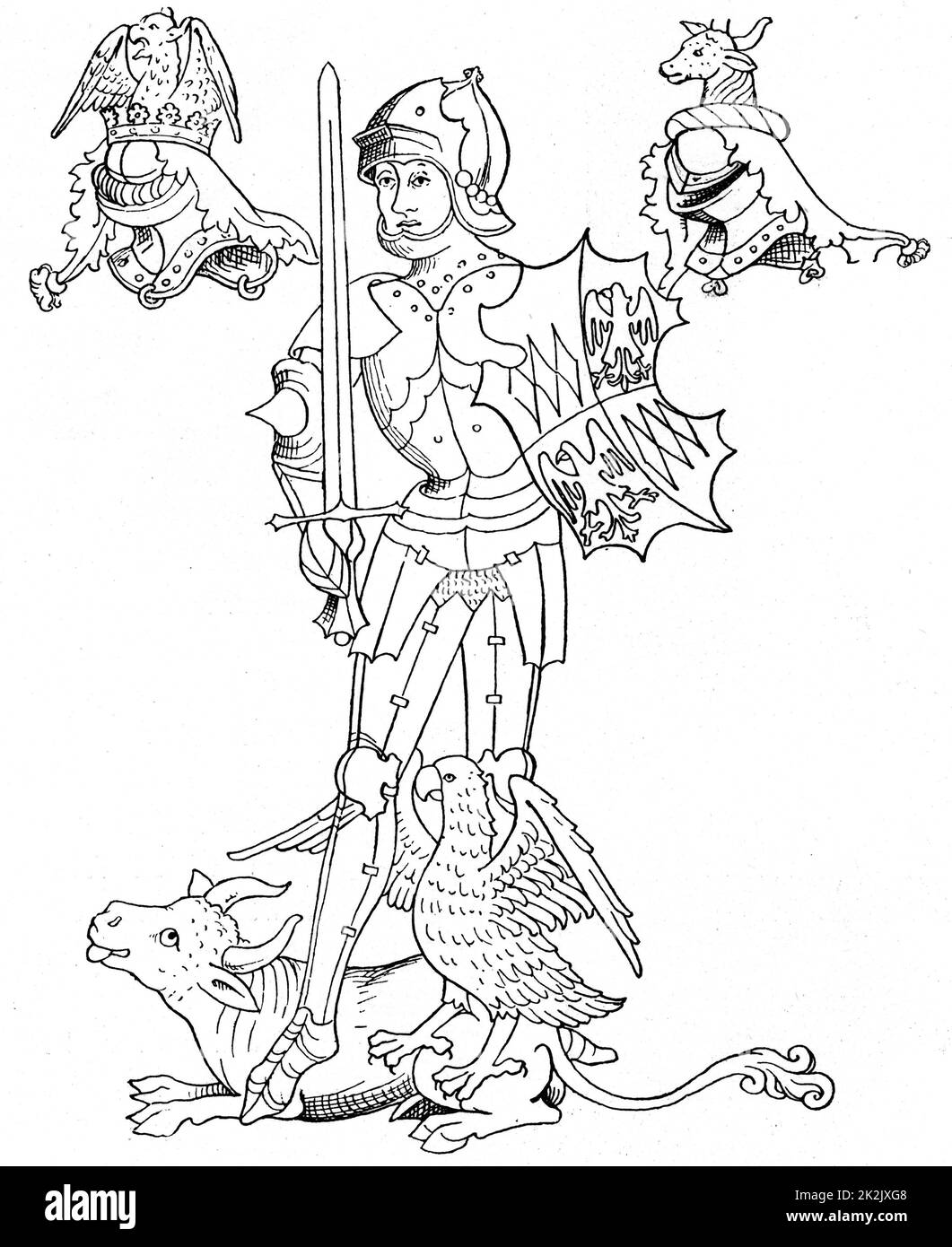 Warwick il Kingmaker: Richard Neville Conte di Warwick (1428-1471). Soldato inglese e più. Ucciso nella battaglia di Barnet durante le guerre del Rose. Warwick in armatura holding di scudo e di spada. Dopo Rous il rotolo di Earls di Warwick. Foto Stock