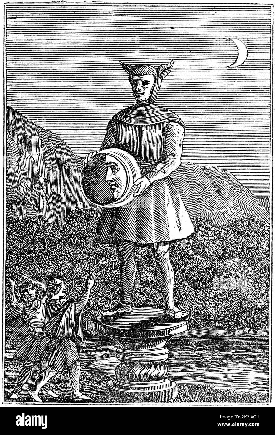 Idolo sassone della luna mostrato in possesso di un disco che mostra le fasi della luna. Incisione su legno, 1834 Foto Stock
