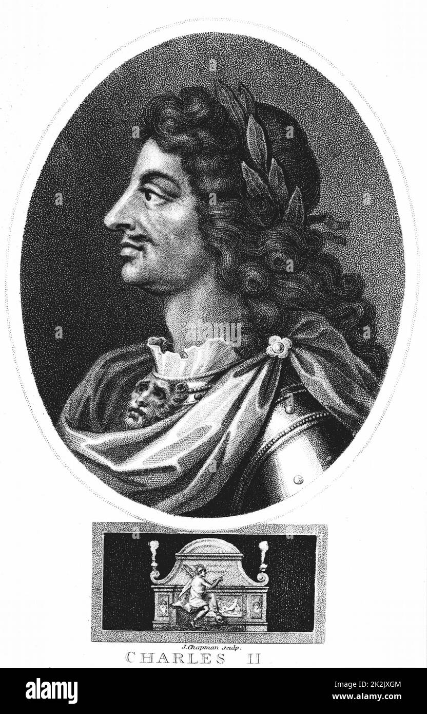 Carlo II (1630-85) Re di Gran Bretagna e Irlanda dal 1660 dopo il restauro della monarchia. Incisione che mostra Charles in profilo, indossando armatura e corona di alloro Foto Stock
