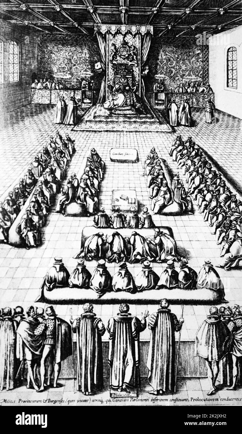 Woodblock stampa raffigurante la regina Elisabetta I d'Inghilterra (1533-1603) Regina dell'Inghilterra in Parlamento. Datata XVI Secolo Foto Stock