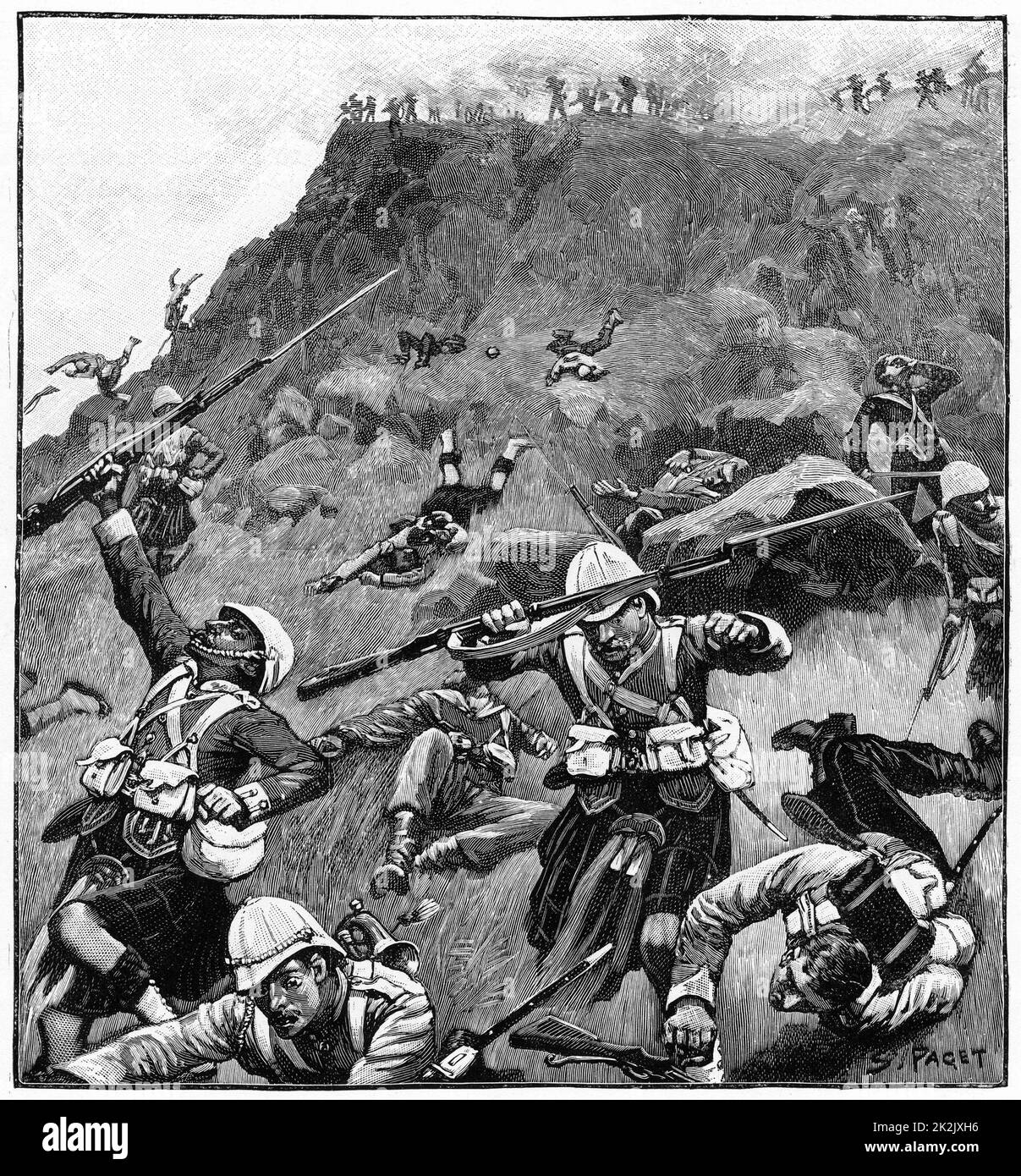 Battaglia di Majuba Hill, 27 febbraio 1881, Lst Boer War. Britannico sotto il generale Colley, diretto dai boers. 92nd Gordon Highlands in ritiro. Incisione Foto Stock