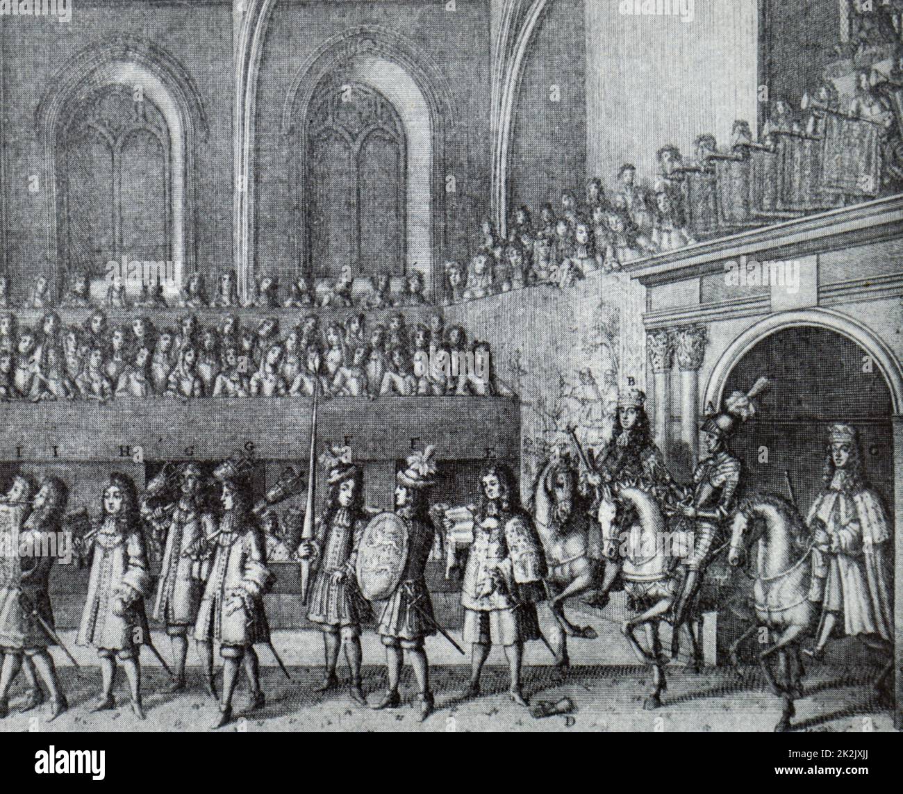 Incisione raffigurante il re Giacomo II (1633-1701) Campione eseguendo una sfida Foto Stock