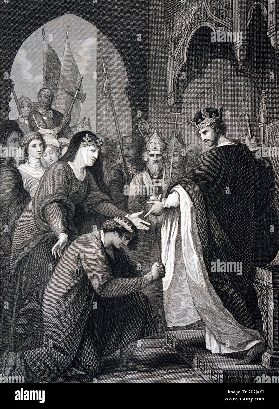Incisione raffigura il re Giovanni I (1166-12-16) la presentazione alla re Richard I (1157-1199). Datato xii secolo Foto Stock