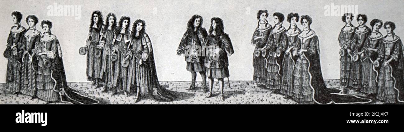 Processione di Viscountesses, Visconti, araldi e Countesses del re Giacomo II (1633-1701), re d'Inghilterra. Risalenti al XVII secolo Foto Stock