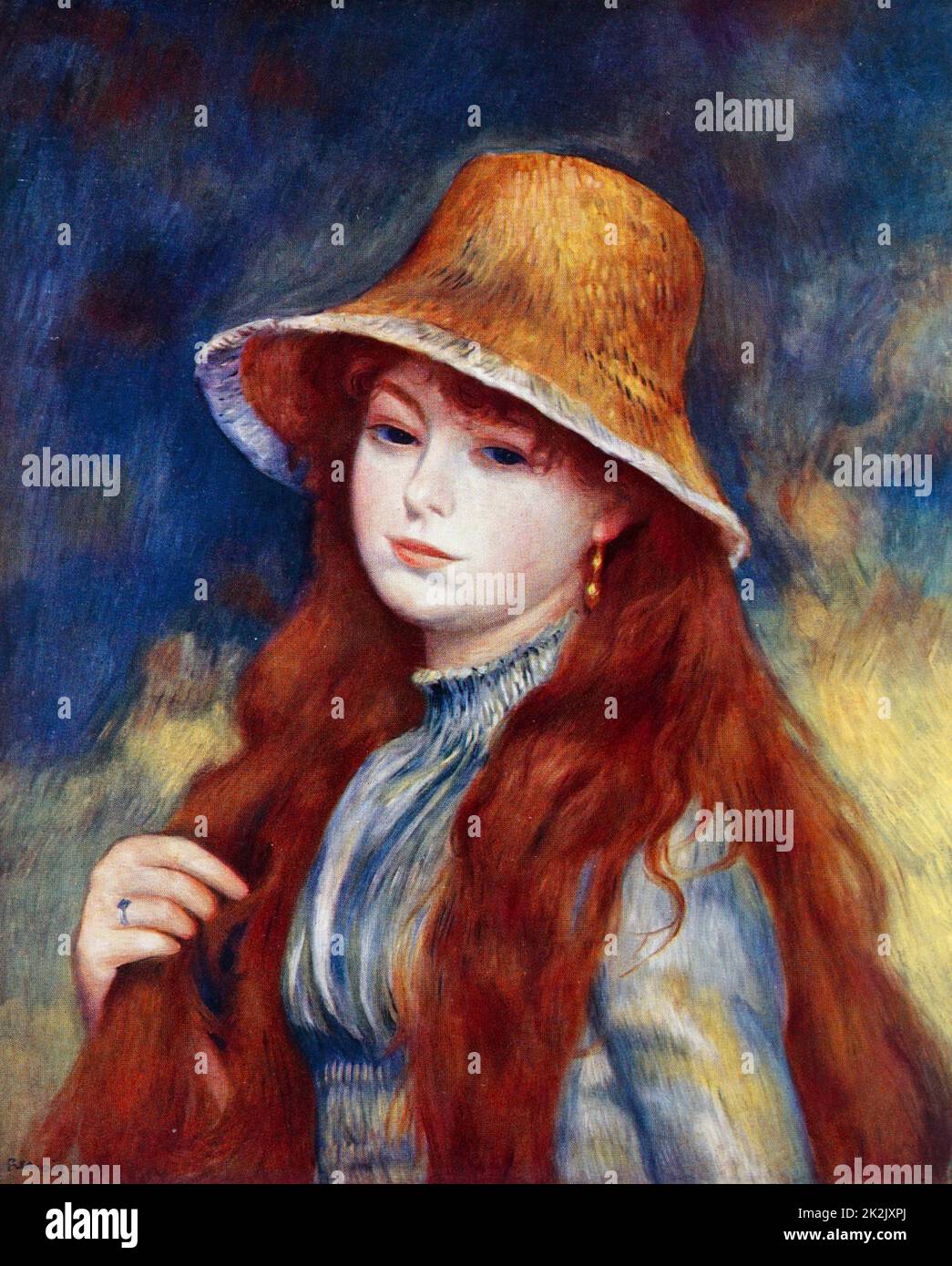 Pittura intitolata 'Ragazza con un cappello di paglia" di Pierre-Auguste Renoir (1841-1919) un artista francese. Datata del XIX secolo Foto Stock